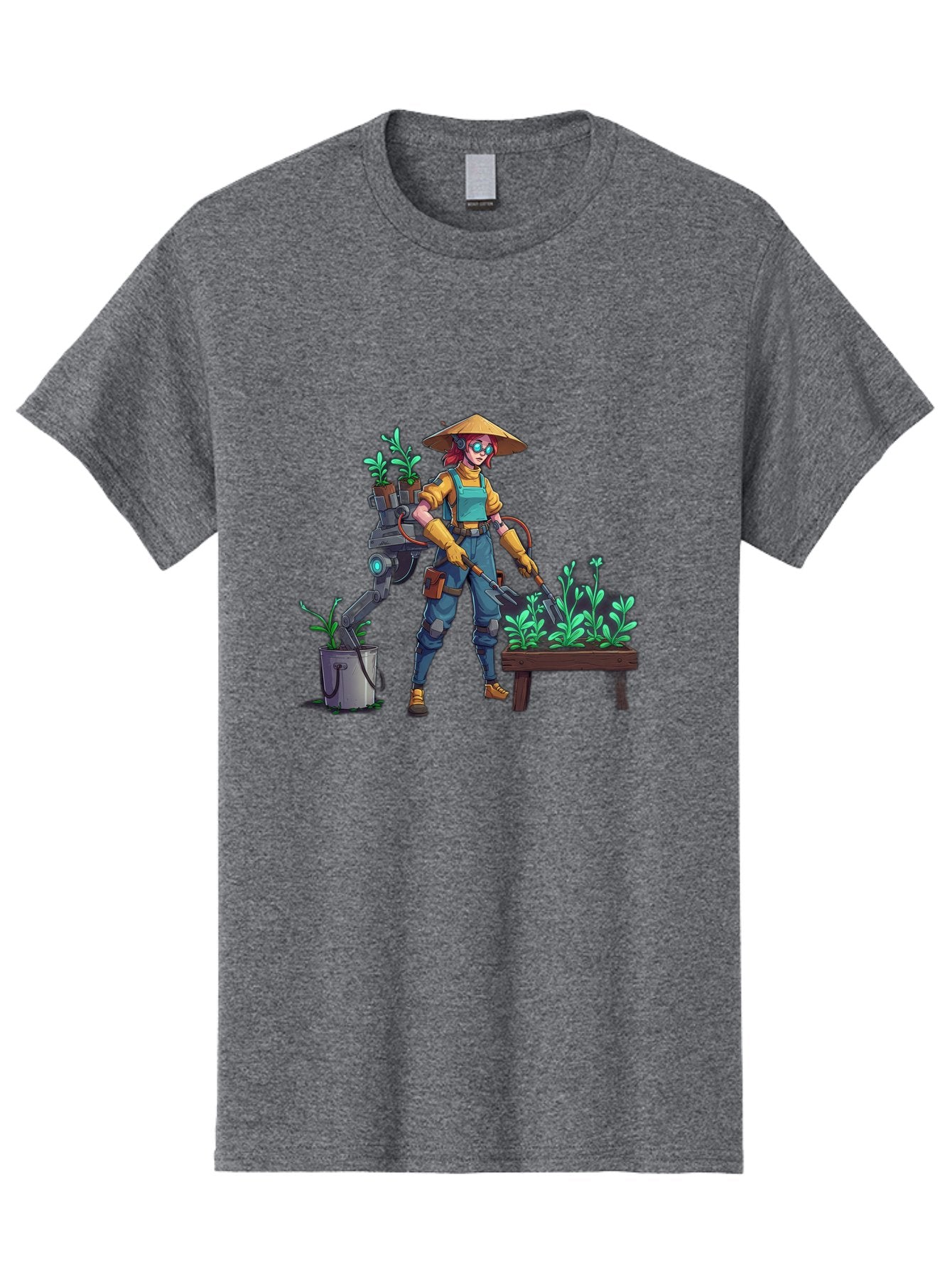 Gardener-With-Robot Men'S Graphic Tee, 100% Cotton, Comfortable Casual Summer Wear, Machine Washable, Female Farmer, Gardening Tools, Robotic Assistant, Green Plants, Potted Plants, Water Hose, Gardening Apron, Conical Hat, Farming Technology, Baa718 5