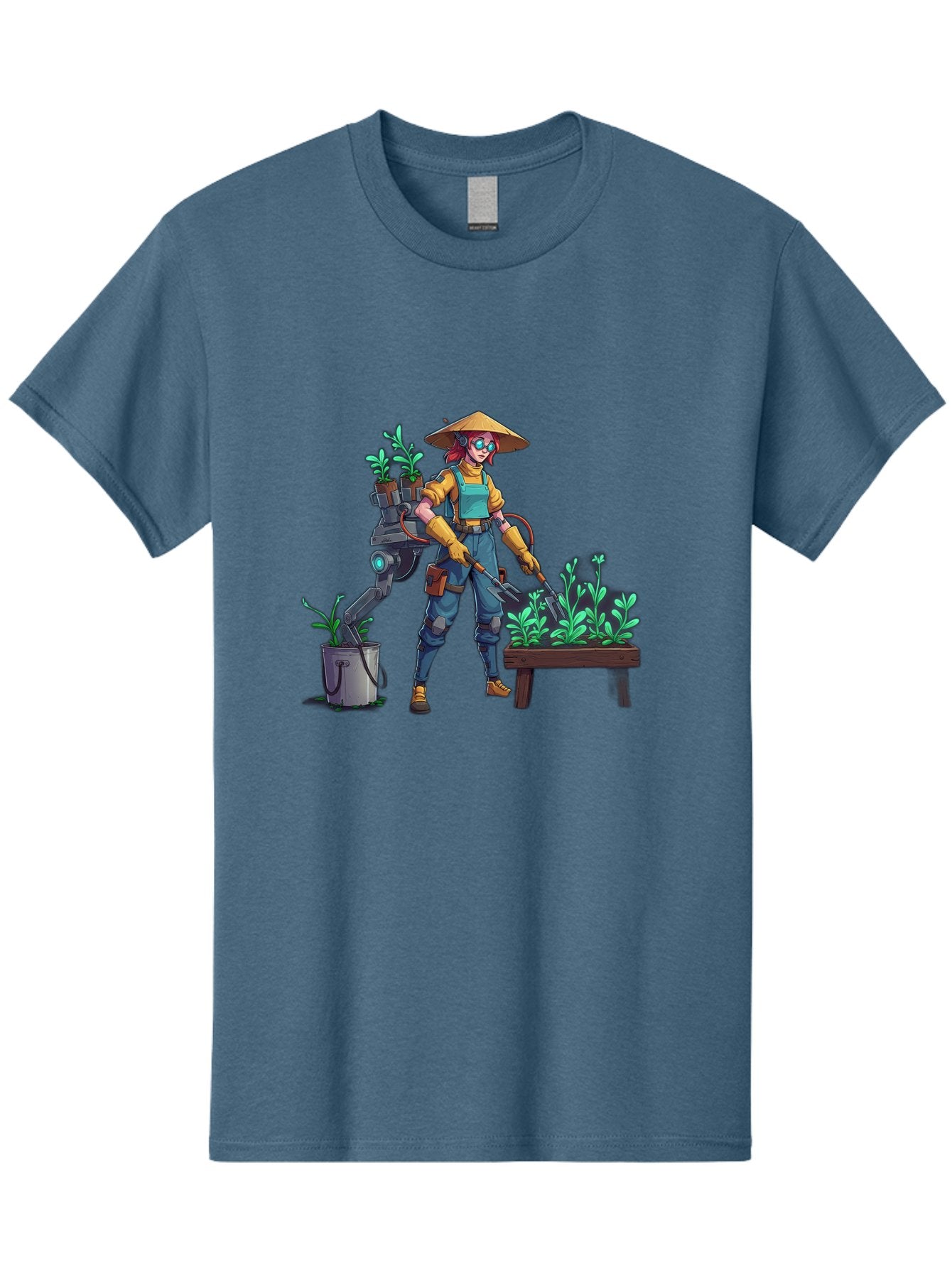 Gardener-With-Robot Men'S Graphic Tee, 100% Cotton, Comfortable Casual Summer Wear, Machine Washable, Female Farmer, Gardening Tools, Robotic Assistant, Green Plants, Potted Plants, Water Hose, Gardening Apron, Conical Hat, Farming Technology, Baa718 14