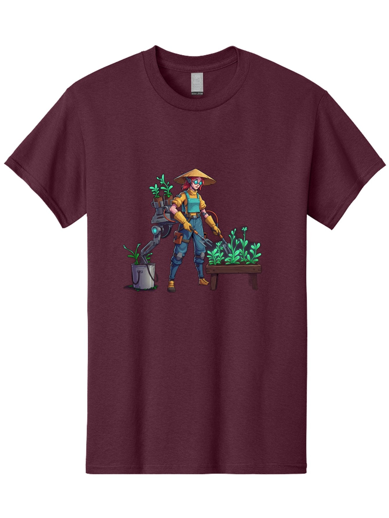 Gardener-With-Robot Men'S Graphic Tee, 100% Cotton, Comfortable Casual Summer Wear, Machine Washable, Female Farmer, Gardening Tools, Robotic Assistant, Green Plants, Potted Plants, Water Hose, Gardening Apron, Conical Hat, Farming Technology, Baa718 3