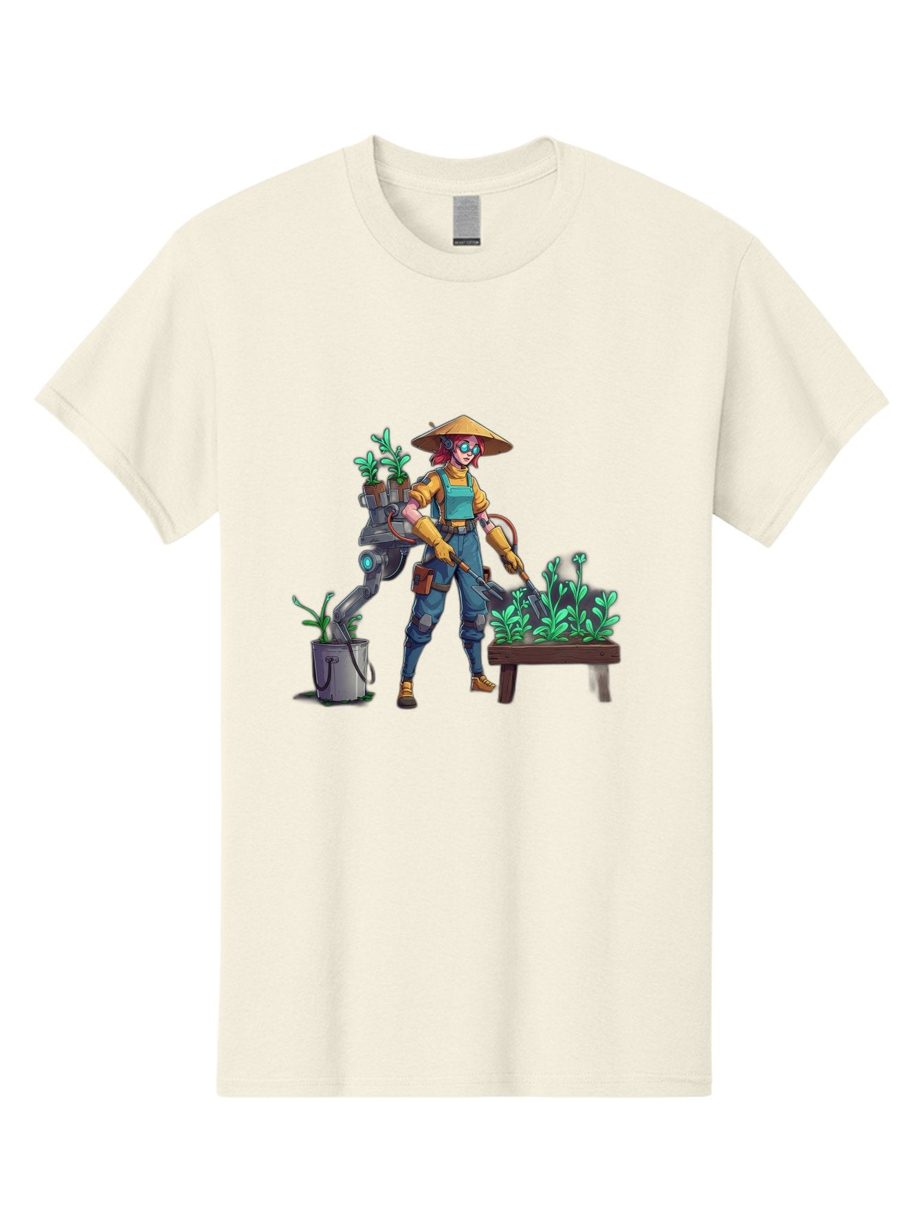 Gardener-With-Robot Men'S Graphic Tee, 100% Cotton, Comfortable Casual Summer Wear, Machine Washable, Female Farmer, Gardening Tools, Robotic Assistant, Green Plants, Potted Plants, Water Hose, Gardening Apron, Conical Hat, Farming Technology, Baa718 10