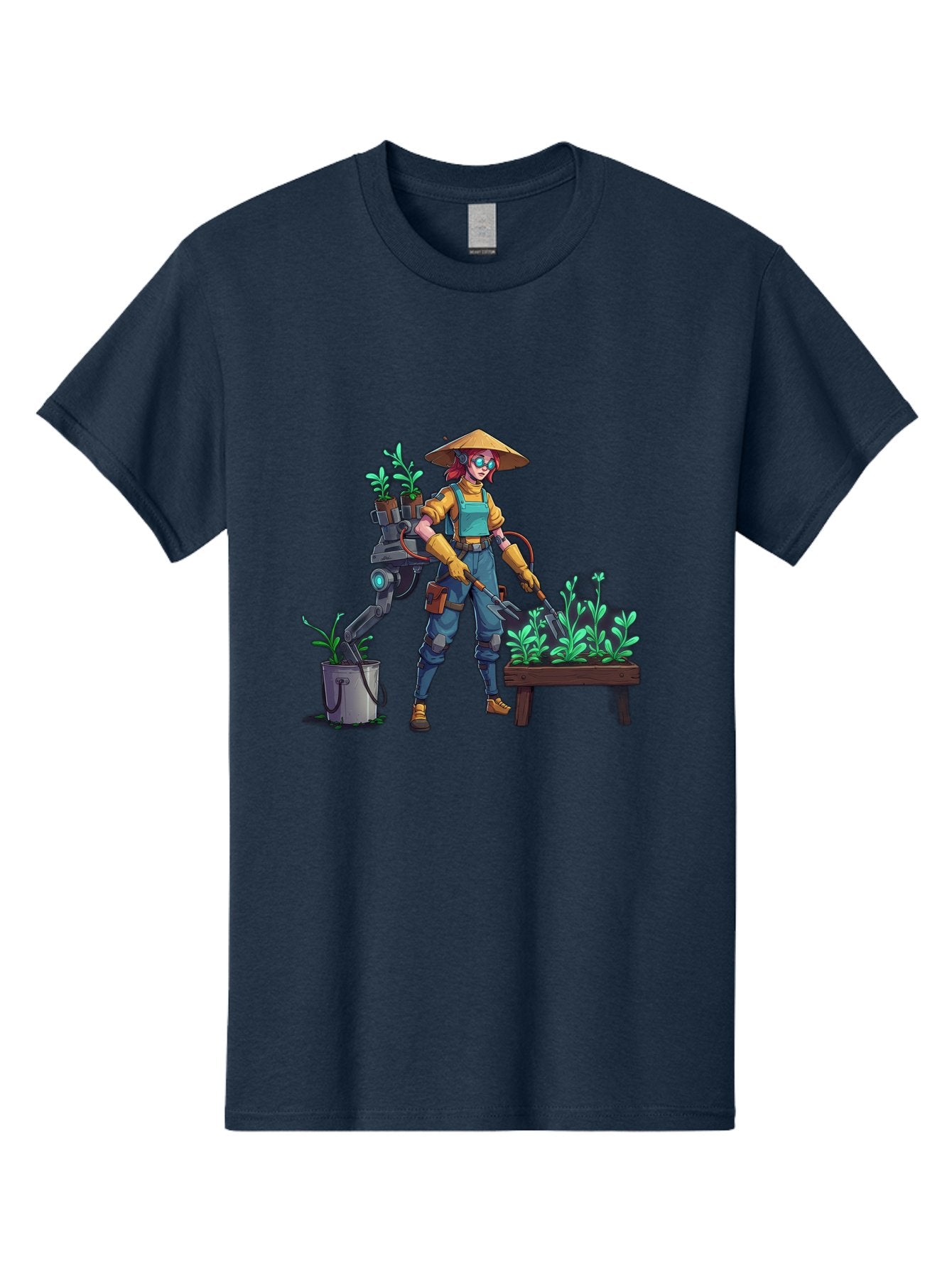 Gardener-With-Robot Men'S Graphic Tee, 100% Cotton, Comfortable Casual Summer Wear, Machine Washable, Female Farmer, Gardening Tools, Robotic Assistant, Green Plants, Potted Plants, Water Hose, Gardening Apron, Conical Hat, Farming Technology, Baa718 13