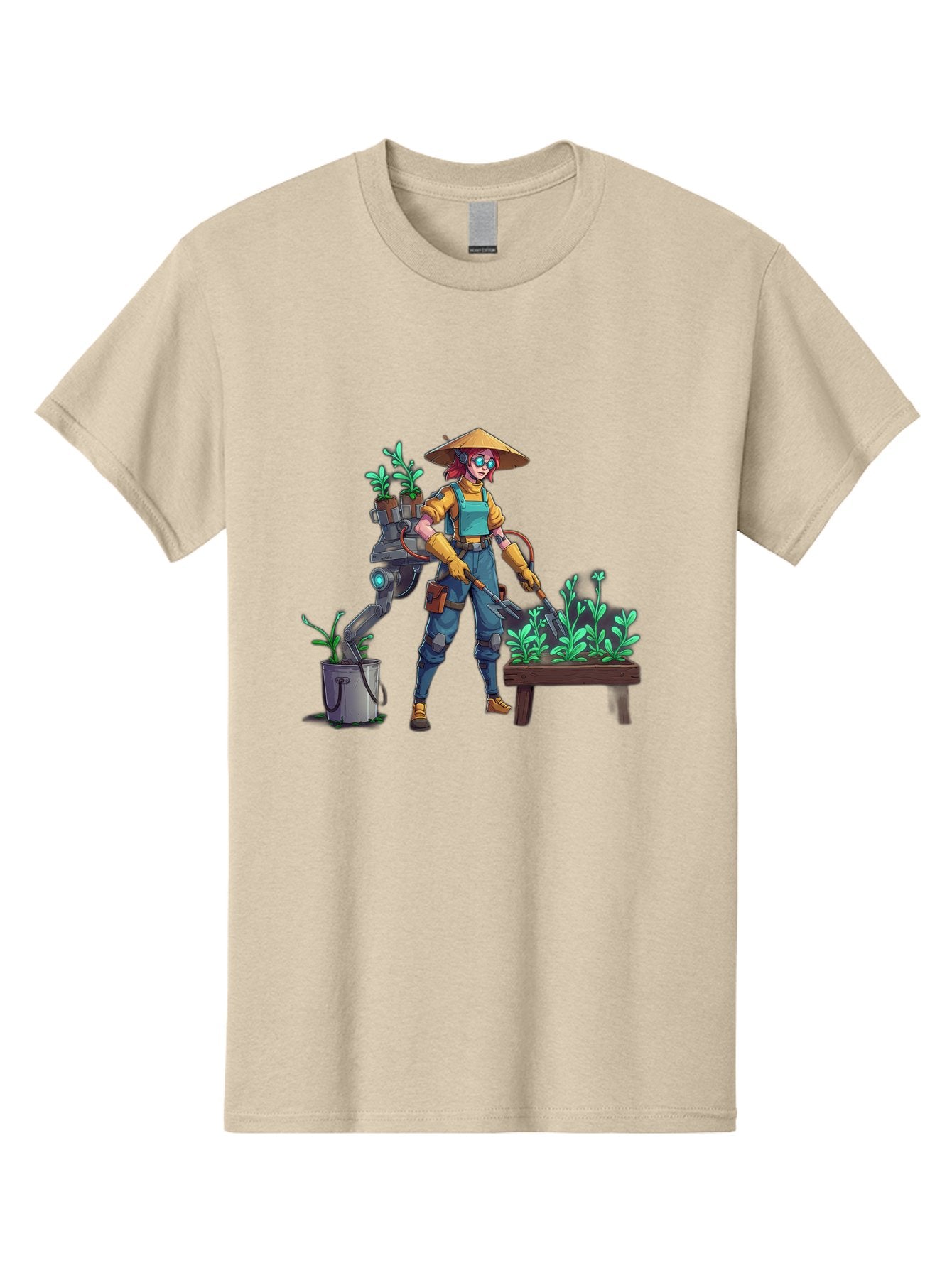 Gardener-With-Robot Men'S Graphic Tee, 100% Cotton, Comfortable Casual Summer Wear, Machine Washable, Female Farmer, Gardening Tools, Robotic Assistant, Green Plants, Potted Plants, Water Hose, Gardening Apron, Conical Hat, Farming Technology, Baa718