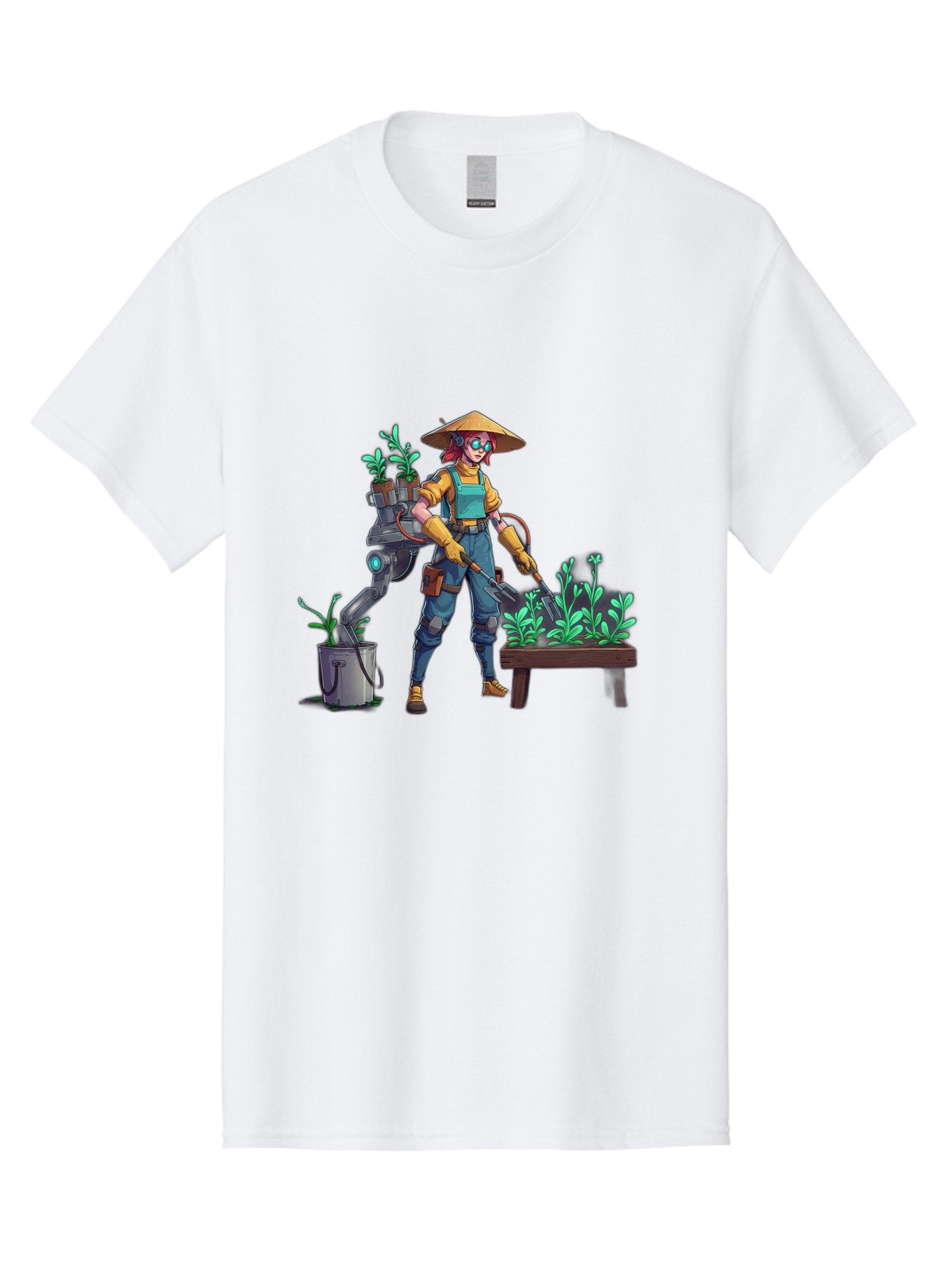 Gardener-With-Robot Men'S Graphic Tee, 100% Cotton, Comfortable Casual Summer Wear, Machine Washable, Female Farmer, Gardening Tools, Robotic Assistant, Green Plants, Potted Plants, Water Hose, Gardening Apron, Conical Hat, Farming Technology, Baa718 8