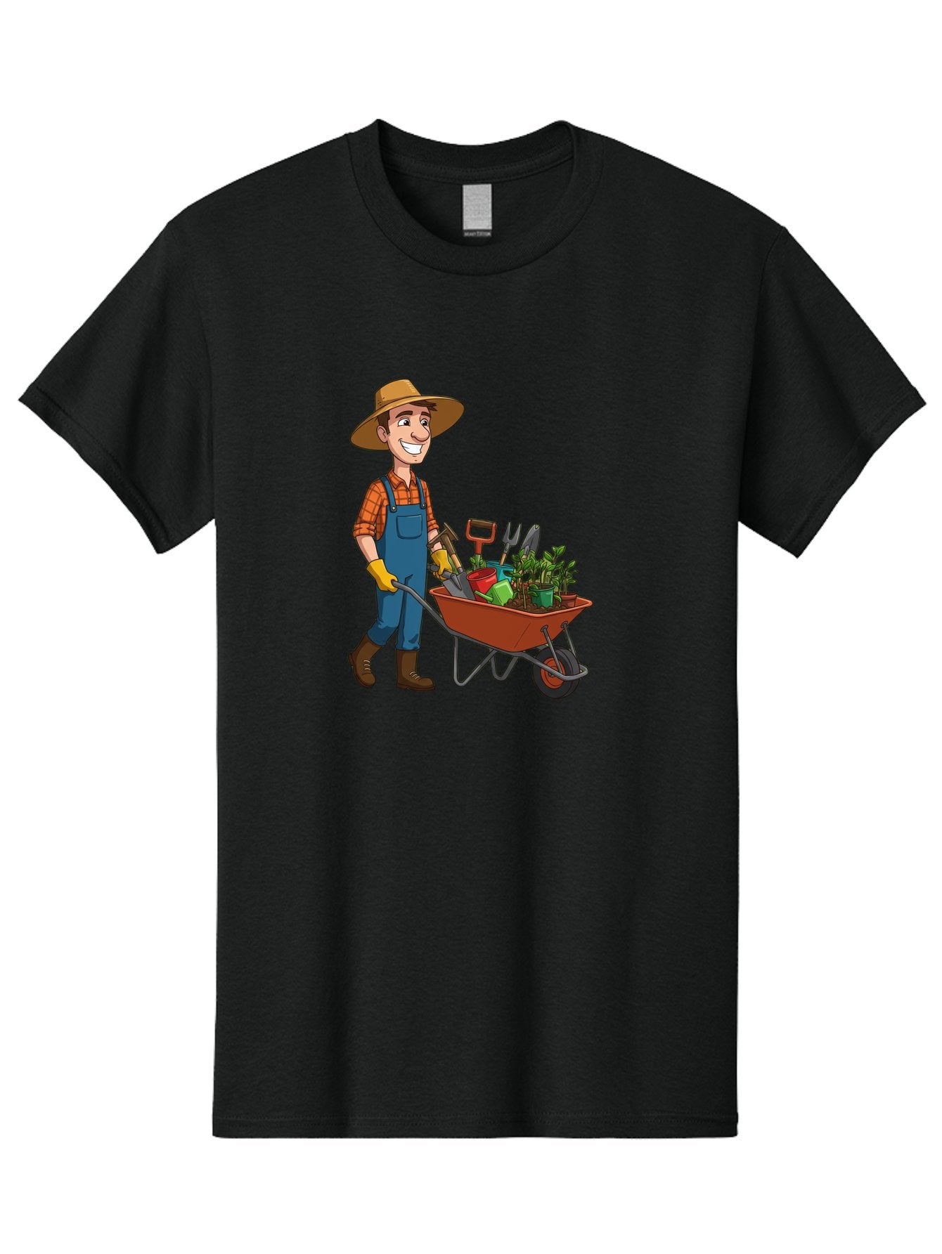 Gardener-With-Wheelbarrow Men'S Graphic Tee, 100% Cotton, Comfortable Casual Summer Wear, Machine Washable, Gardener Pushing Wheelbarrow, Gardening Tools, Plants In Pots, Farmer Wear, Overalls And Hat, Gardening Activities, Outdoor Work, Baa719 14