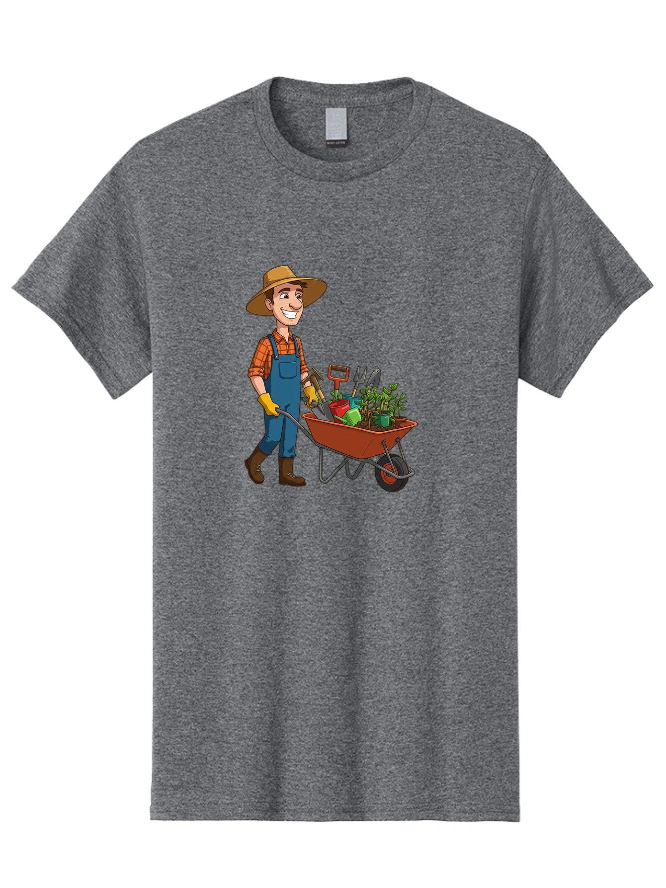 Gardener-With-Wheelbarrow Men'S Graphic Tee, 100% Cotton, Comfortable Casual Summer Wear, Machine Washable, Gardener Pushing Wheelbarrow, Gardening Tools, Plants In Pots, Farmer Wear, Overalls And Hat, Gardening Activities, Outdoor Work, Baa719 10