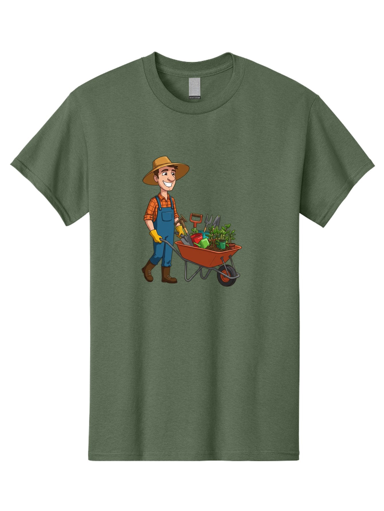 Gardener-With-Wheelbarrow Men'S Graphic Tee, 100% Cotton, Comfortable Casual Summer Wear, Machine Washable, Gardener Pushing Wheelbarrow, Gardening Tools, Plants In Pots, Farmer Wear, Overalls And Hat, Gardening Activities, Outdoor Work, Baa719 15