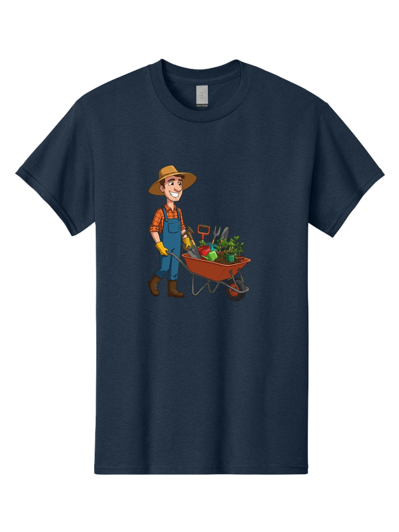 Gardener-With-Wheelbarrow Men'S Graphic Tee, 100% Cotton, Comfortable Casual Summer Wear, Machine Washable, Gardener Pushing Wheelbarrow, Gardening Tools, Plants In Pots, Farmer Wear, Overalls And Hat, Gardening Activities, Outdoor Work, Baa719 13