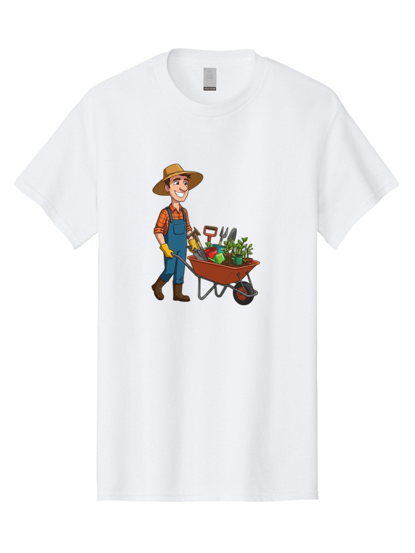 Gardener-With-Wheelbarrow Men'S Graphic Tee, 100% Cotton, Comfortable Casual Summer Wear, Machine Washable, Gardener Pushing Wheelbarrow, Gardening Tools, Plants In Pots, Farmer Wear, Overalls And Hat, Gardening Activities, Outdoor Work, Baa719 8