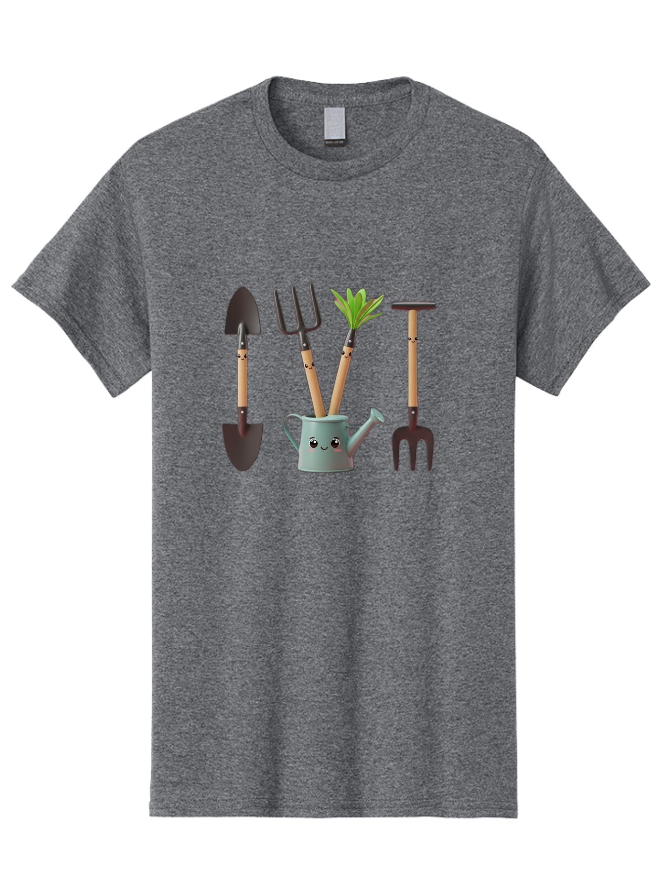 Gardening-Tools-2 Men'S Graphic Tee, 100% Cotton, Comfortable Casual Summer Wear, Machine Washable, Gardening Tools, Shovel, Pitchfork, Trowel, Garden Fork, Watering Can, Anthropomorphic, Gardening Accessories, Green Thumb Baa722
