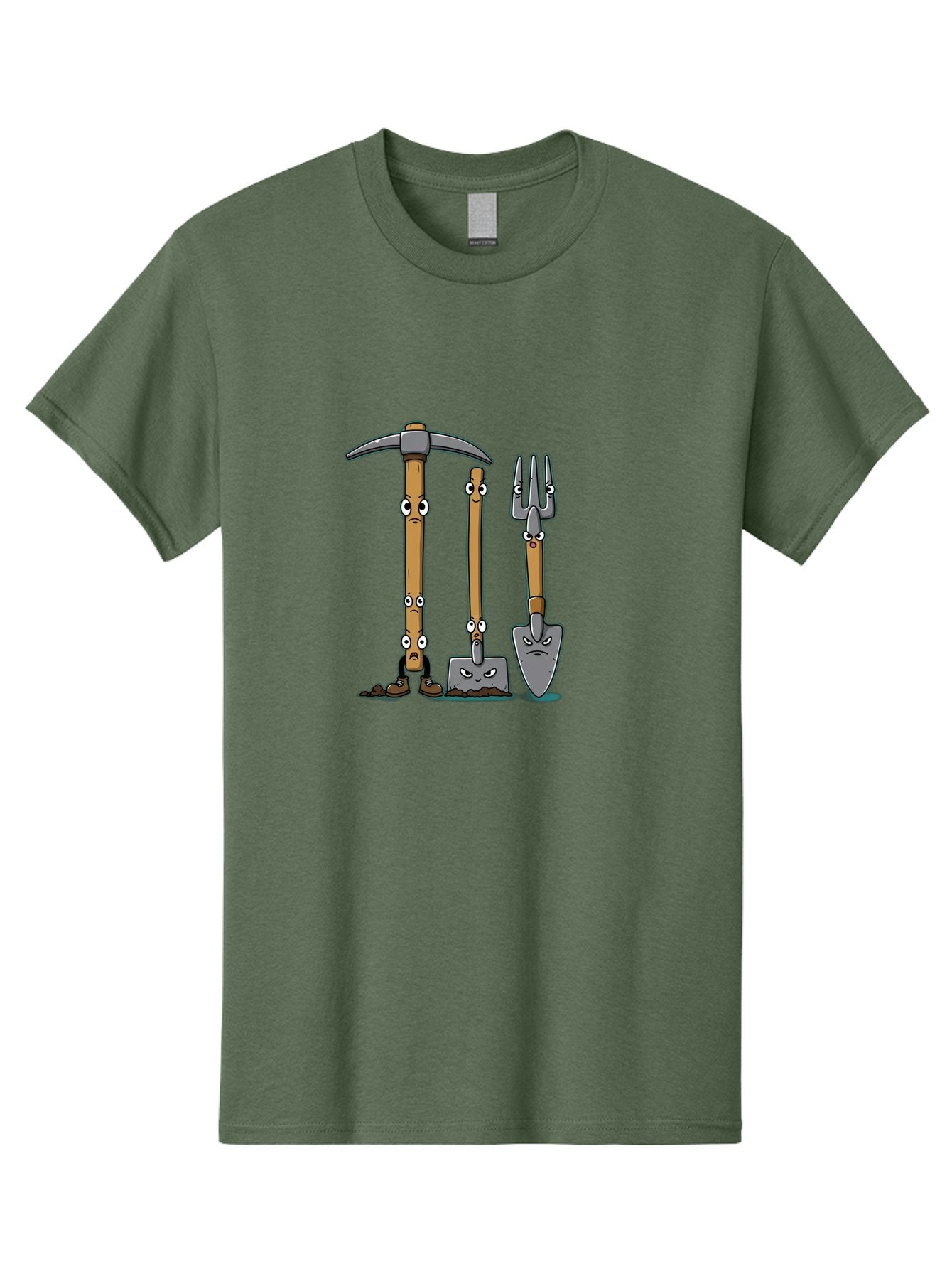 Gardening-Tools-4 Men'S Graphic Tee, 100% Cotton, Comfortable Casual Summer Wear, Machine Washable, Gardening Tools, Pickaxe, Shovel, Rake, Cartoon Characters, Anthropomorphic Objects, Grumpy Faces, Gardening Equipment, Funny Illustrations, Baa724 4