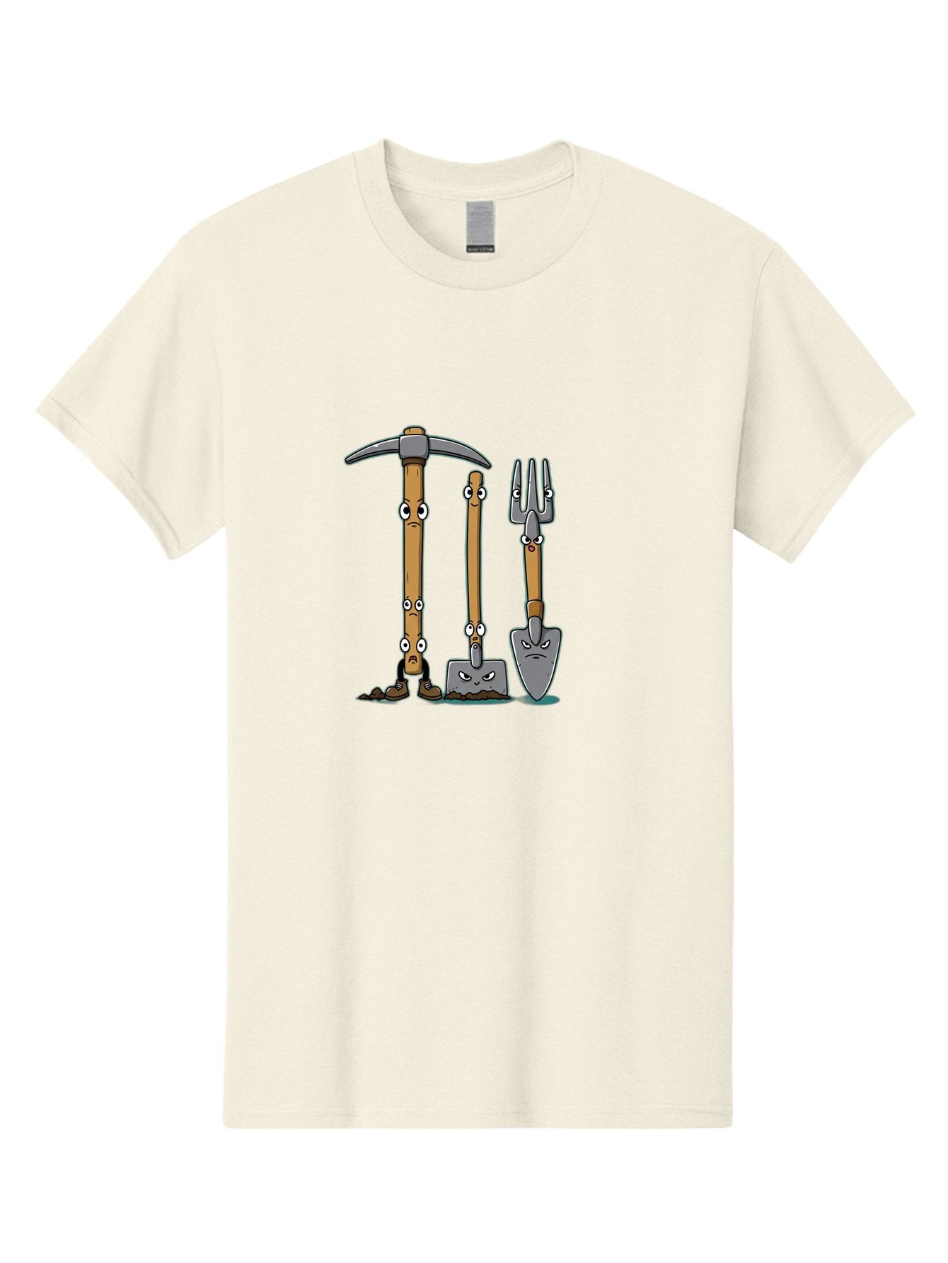 Gardening-Tools-4 Men'S Graphic Tee, 100% Cotton, Comfortable Casual Summer Wear, Machine Washable, Gardening Tools, Pickaxe, Shovel, Rake, Cartoon Characters, Anthropomorphic Objects, Grumpy Faces, Gardening Equipment, Funny Illustrations, Baa724 6