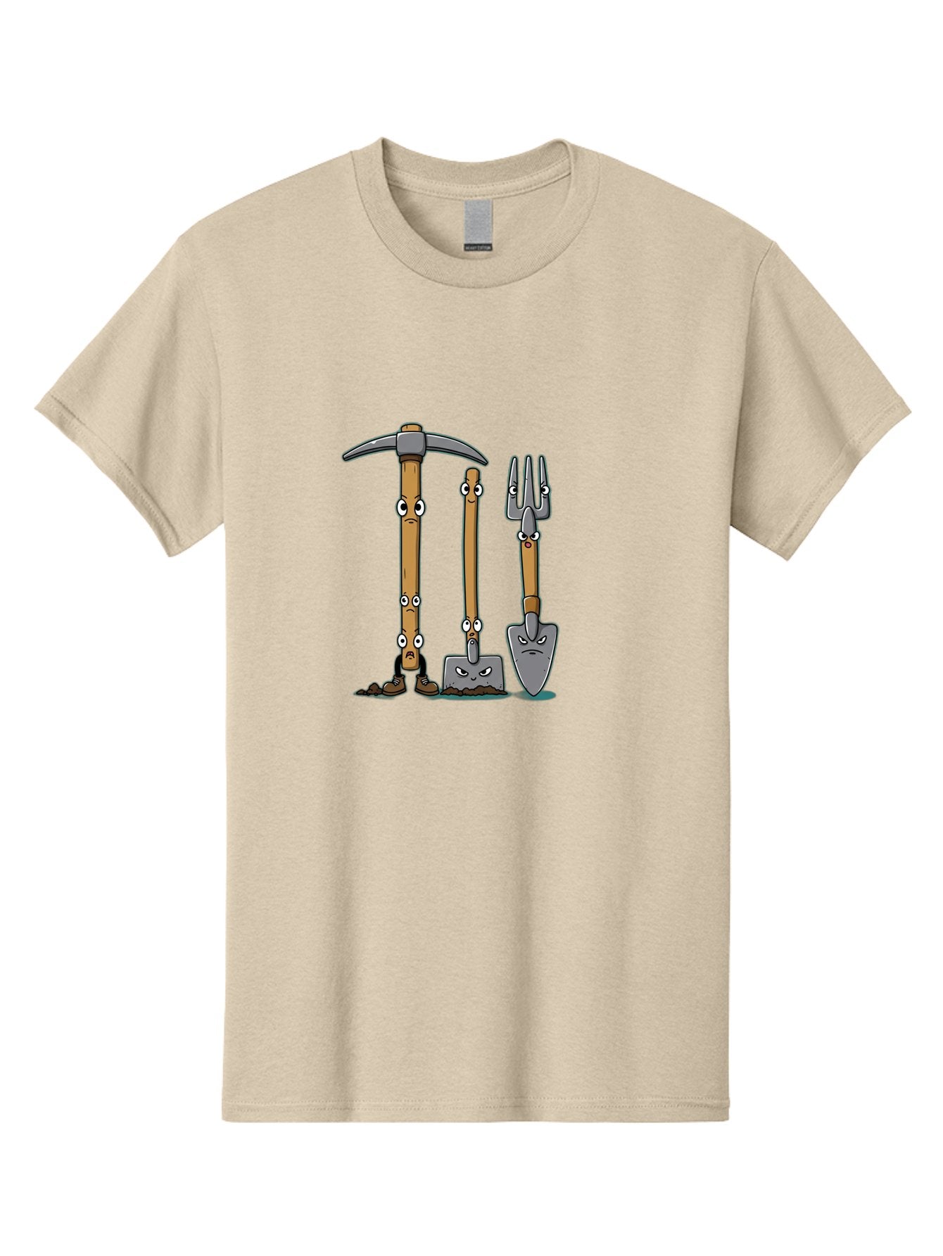 Gardening-Tools-4 Men'S Graphic Tee, 100% Cotton, Comfortable Casual Summer Wear, Machine Washable, Gardening Tools, Pickaxe, Shovel, Rake, Cartoon Characters, Anthropomorphic Objects, Grumpy Faces, Gardening Equipment, Funny Illustrations, Baa724 8