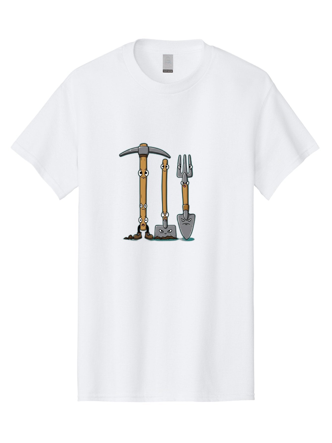 Gardening-Tools-4 Men'S Graphic Tee, 100% Cotton, Comfortable Casual Summer Wear, Machine Washable, Gardening Tools, Pickaxe, Shovel, Rake, Cartoon Characters, Anthropomorphic Objects, Grumpy Faces, Gardening Equipment, Funny Illustrations, Baa724 11
