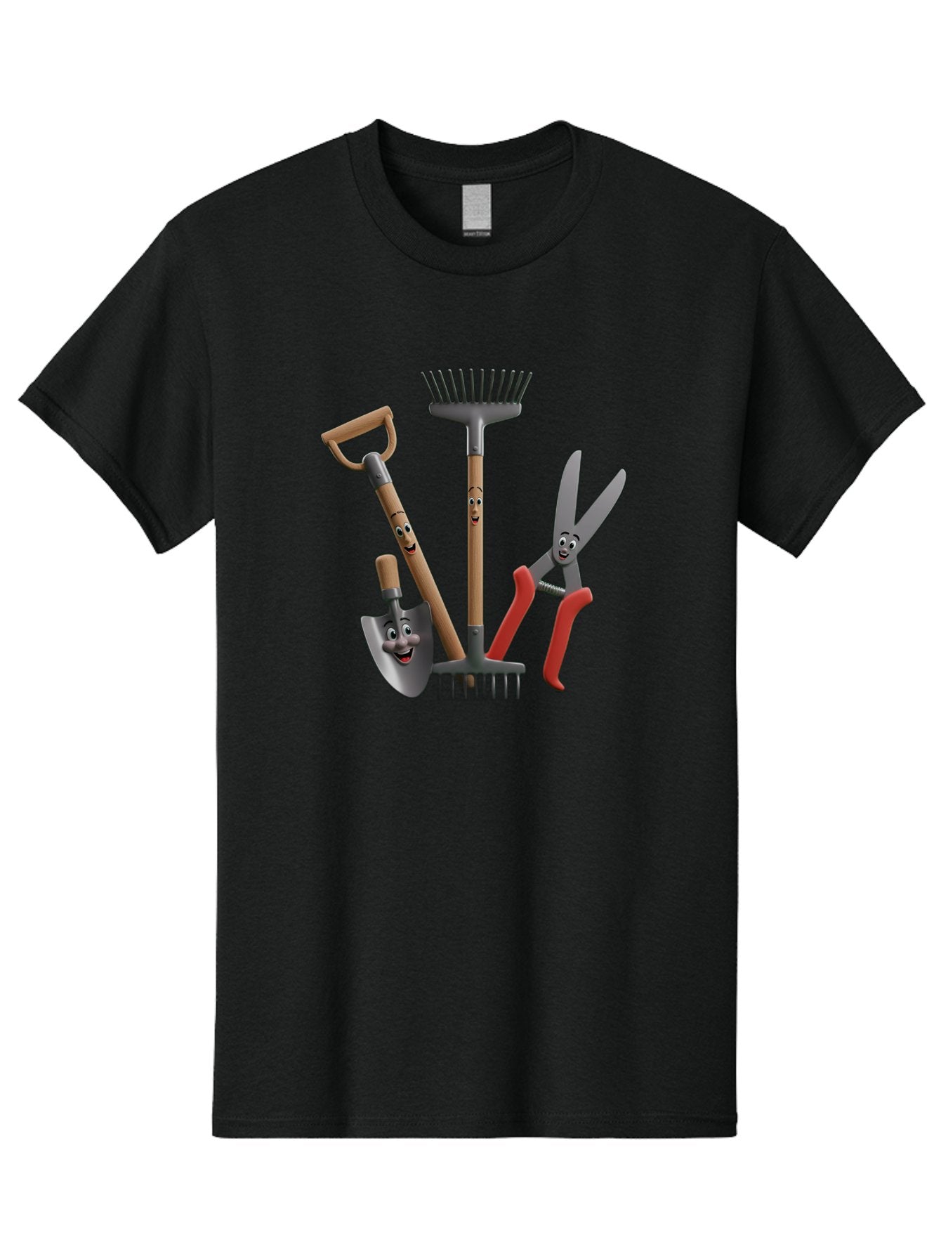 Gardening-Tools-5 Men'S Graphic Tee, 100% Cotton, Comfortable Casual Summer Wear, Machine Washable, Gardening Tools, Shovel, Rake, Pruning Shears, Anthropomorphic, Cartoon-Style, Gardening Equipment, Outdoor Gear, Friendly Tools Baa725 4