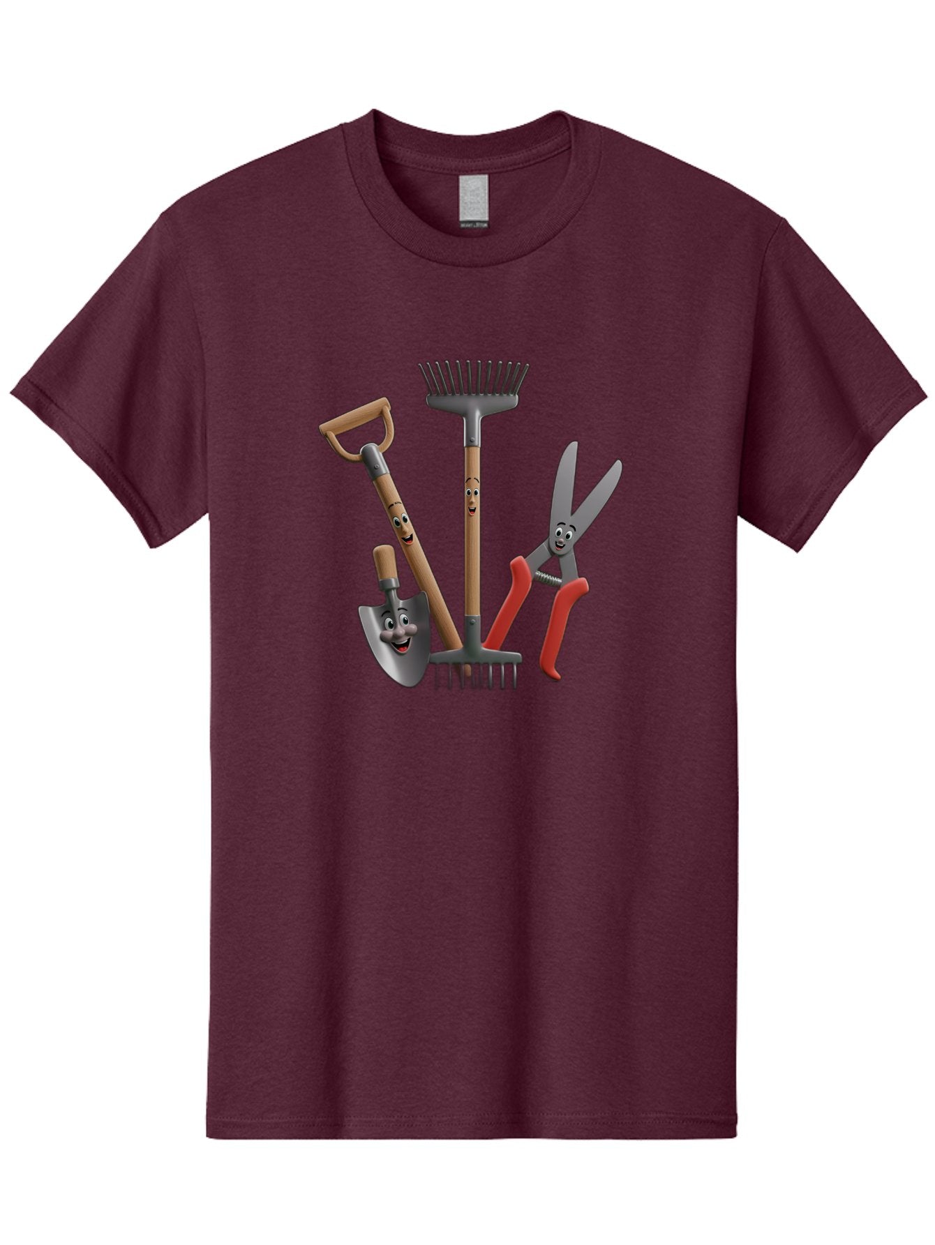 Gardening-Tools-5 Men'S Graphic Tee, 100% Cotton, Comfortable Casual Summer Wear, Machine Washable, Gardening Tools, Shovel, Rake, Pruning Shears, Anthropomorphic, Cartoon-Style, Gardening Equipment, Outdoor Gear, Friendly Tools Baa725 15