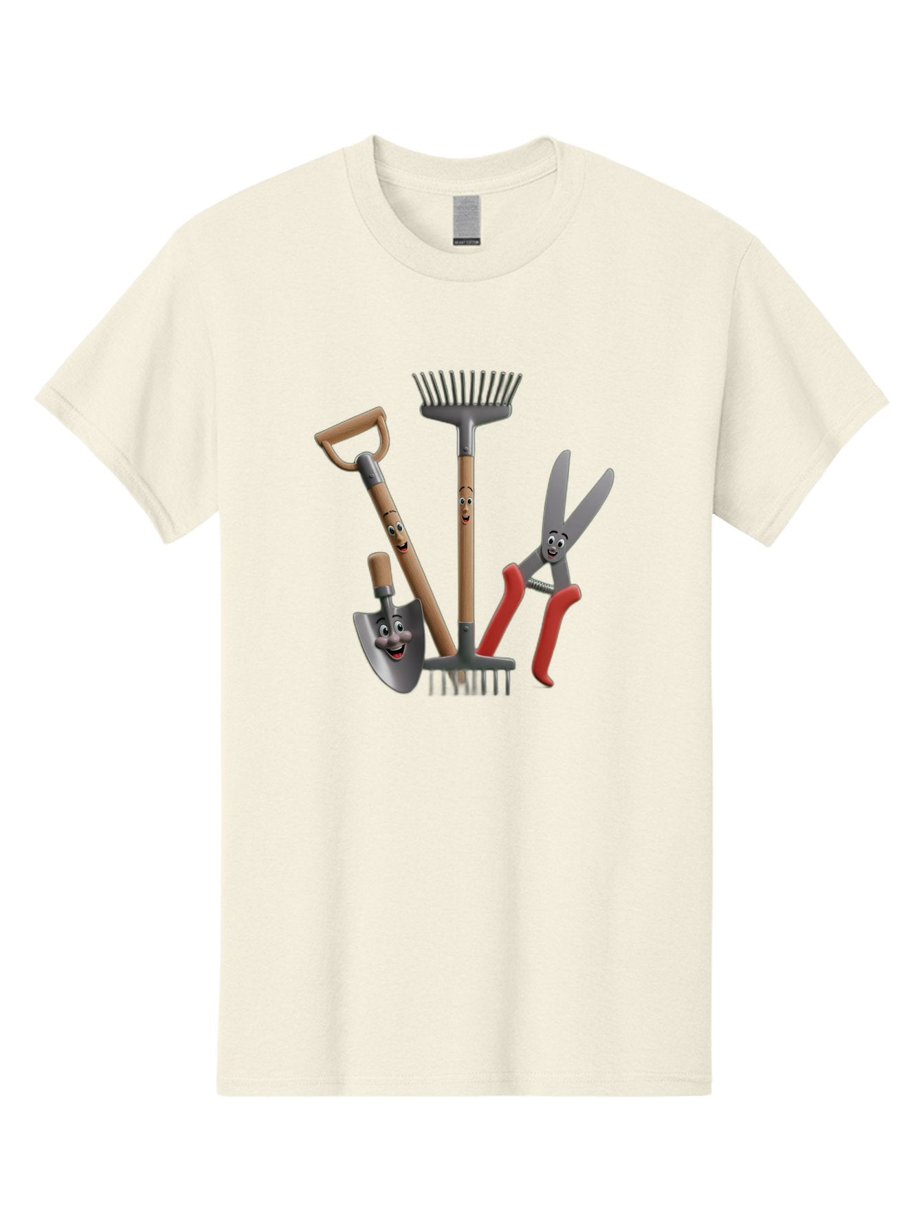 Gardening-Tools-5 Men'S Graphic Tee, 100% Cotton, Comfortable Casual Summer Wear, Machine Washable, Gardening Tools, Shovel, Rake, Pruning Shears, Anthropomorphic, Cartoon-Style, Gardening Equipment, Outdoor Gear, Friendly Tools Baa725
