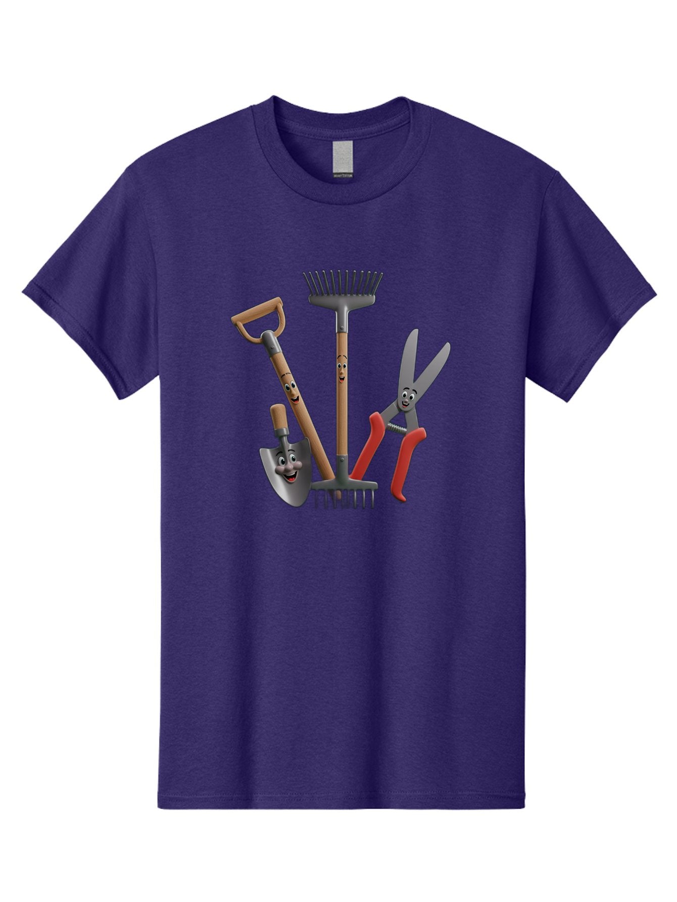Gardening-Tools-5 Men'S Graphic Tee, 100% Cotton, Comfortable Casual Summer Wear, Machine Washable, Gardening Tools, Shovel, Rake, Pruning Shears, Anthropomorphic, Cartoon-Style, Gardening Equipment, Outdoor Gear, Friendly Tools Baa725