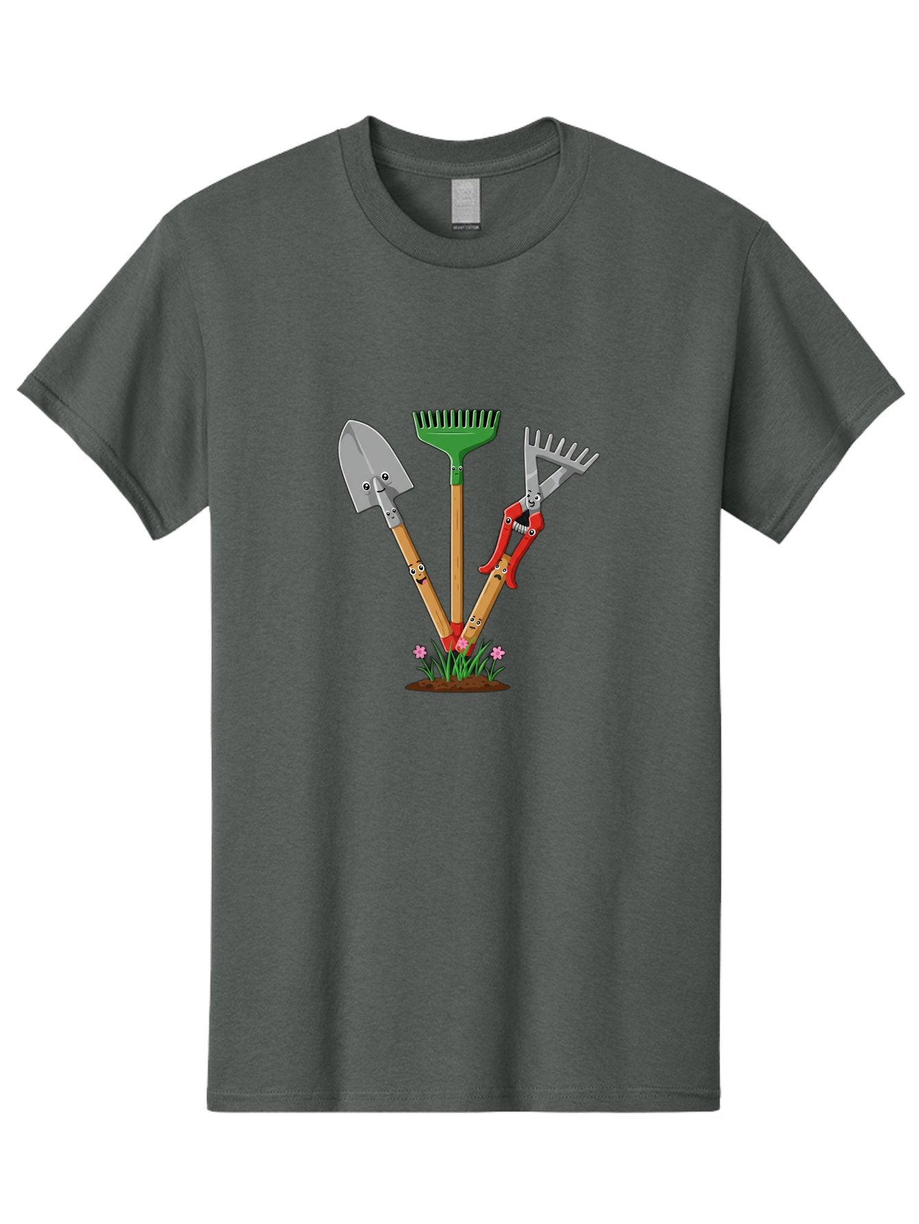 Gardening-Tools Men'S Graphic Tee, 100% Cotton, Comfortable Casual Summer Wear, Machine Washable, Garden Tools, Shovel, Rake, Pruning Shears, Gardening, Anthropomorphic Tools, Cartoon-Style, Human-Like Handles, Gardening Equipment, Baa729 4