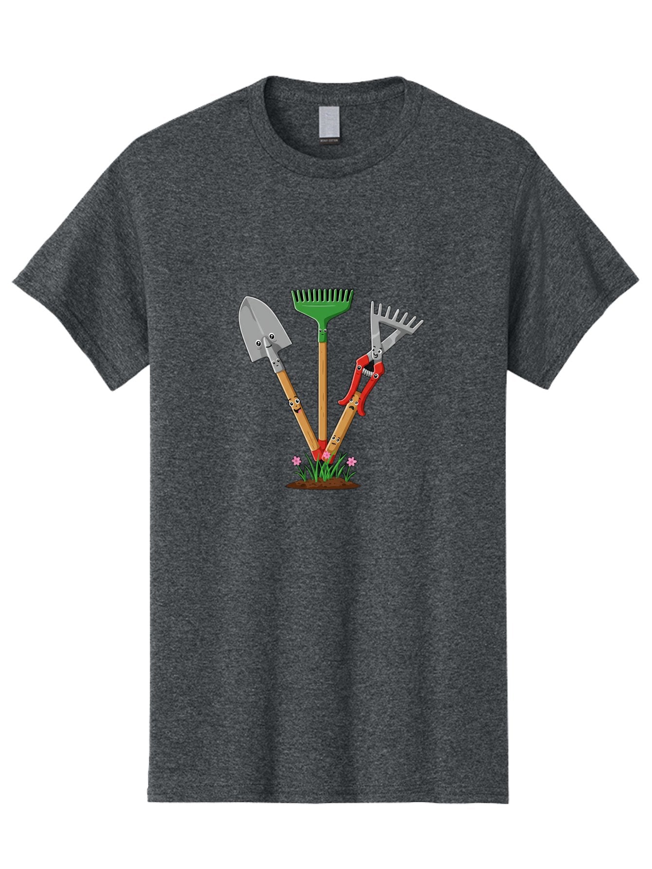 Gardening-Tools Men'S Graphic Tee, 100% Cotton, Comfortable Casual Summer Wear, Machine Washable, Garden Tools, Shovel, Rake, Pruning Shears, Gardening, Anthropomorphic Tools, Cartoon-Style, Human-Like Handles, Gardening Equipment, Baa729