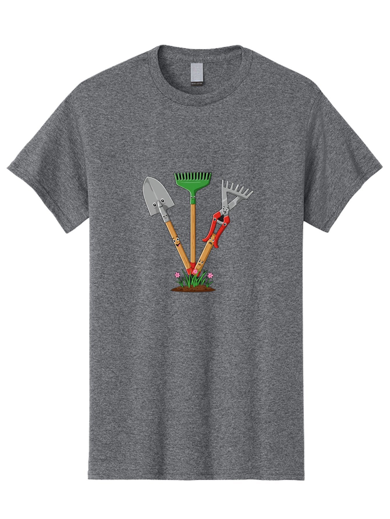 Gardening-Tools Men'S Graphic Tee, 100% Cotton, Comfortable Casual Summer Wear, Machine Washable, Garden Tools, Shovel, Rake, Pruning Shears, Gardening, Anthropomorphic Tools, Cartoon-Style, Human-Like Handles, Gardening Equipment, Baa729