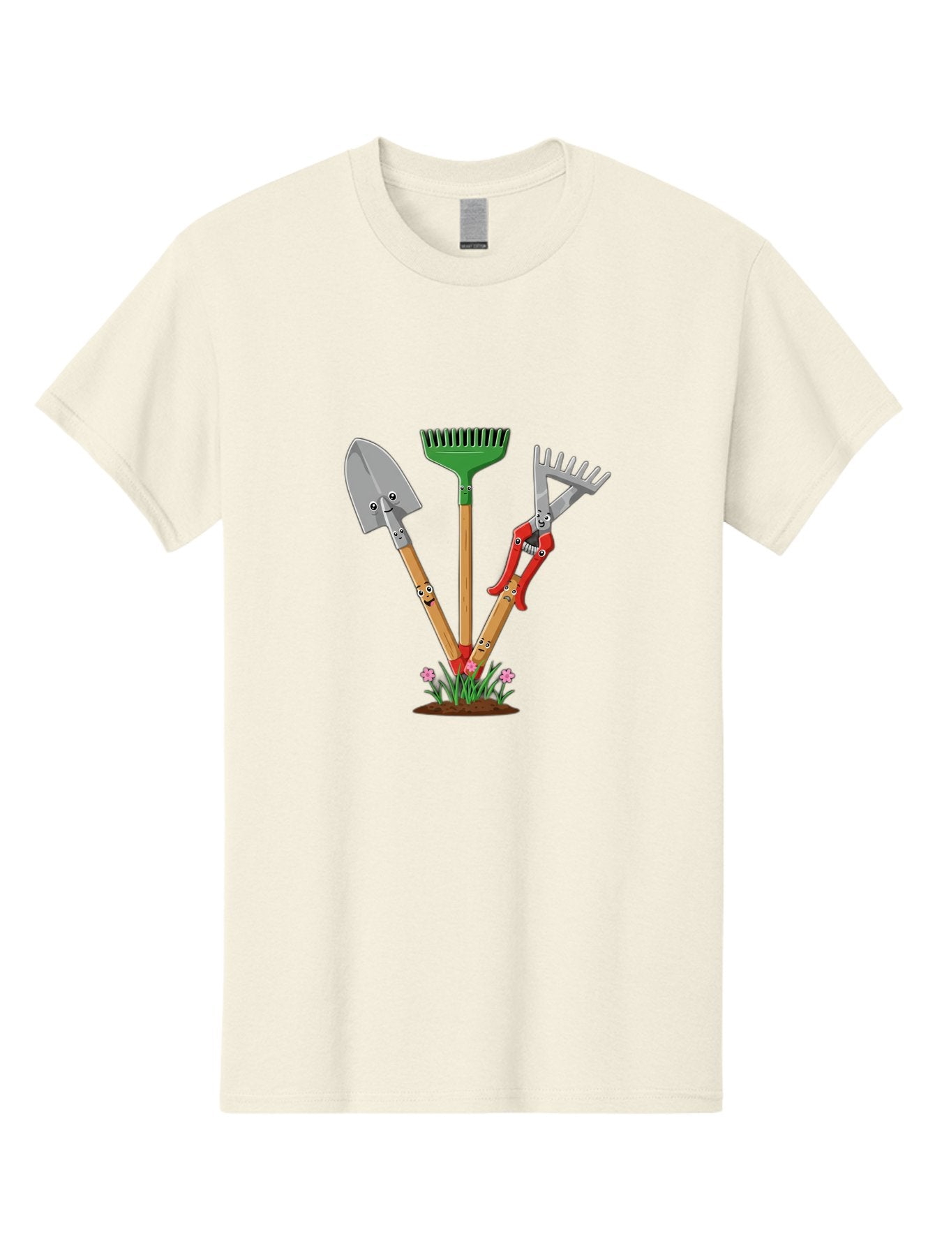 Gardening-Tools Men'S Graphic Tee, 100% Cotton, Comfortable Casual Summer Wear, Machine Washable, Garden Tools, Shovel, Rake, Pruning Shears, Gardening, Anthropomorphic Tools, Cartoon-Style, Human-Like Handles, Gardening Equipment, Baa729 7