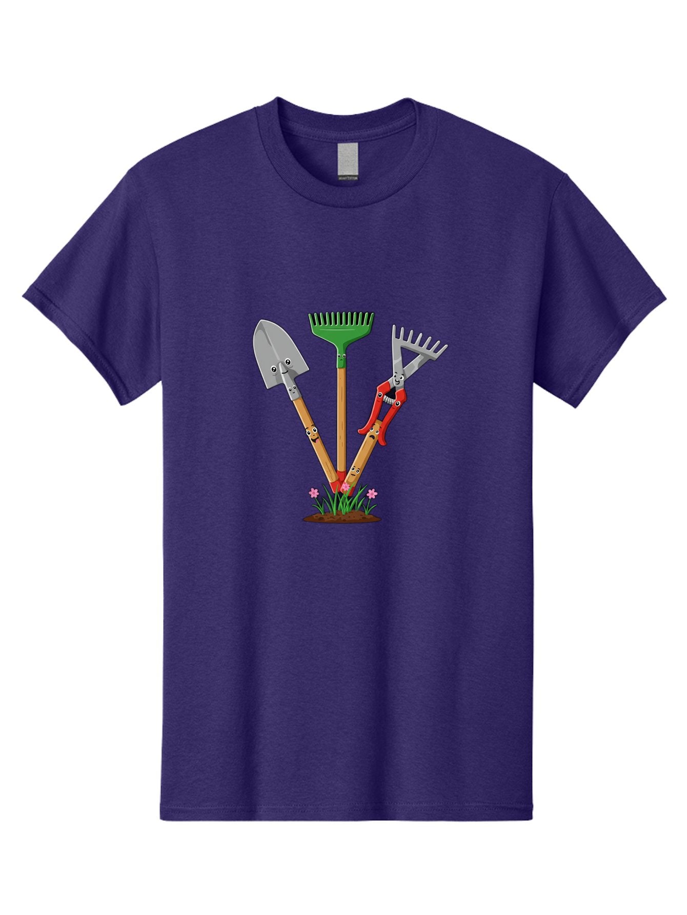 Gardening-Tools Men'S Graphic Tee, 100% Cotton, Comfortable Casual Summer Wear, Machine Washable, Garden Tools, Shovel, Rake, Pruning Shears, Gardening, Anthropomorphic Tools, Cartoon-Style, Human-Like Handles, Gardening Equipment, Baa729 11