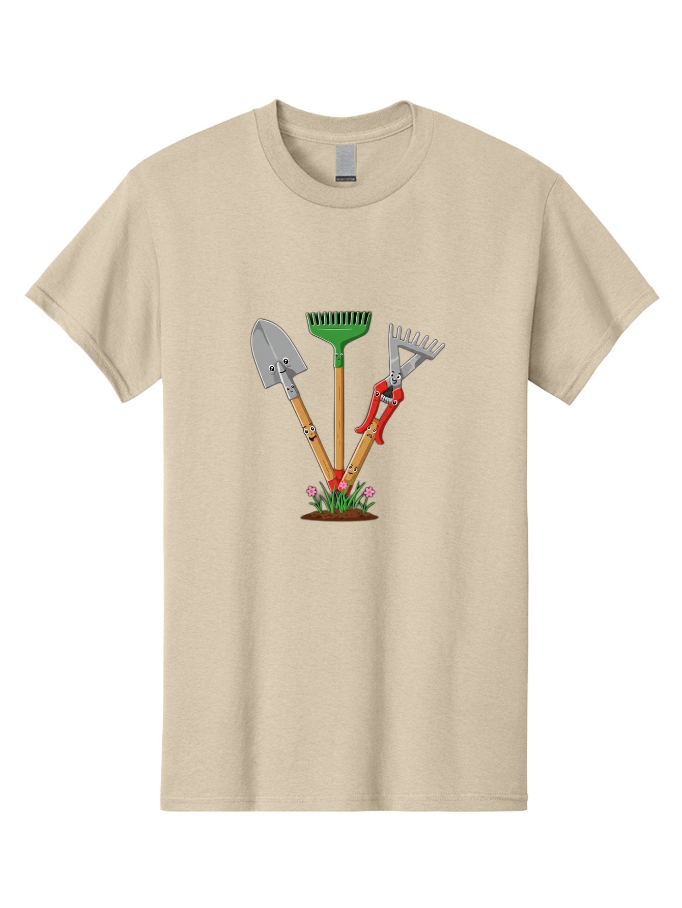 Gardening-Tools Men'S Graphic Tee, 100% Cotton, Comfortable Casual Summer Wear, Machine Washable, Garden Tools, Shovel, Rake, Pruning Shears, Gardening, Anthropomorphic Tools, Cartoon-Style, Human-Like Handles, Gardening Equipment, Baa729 9