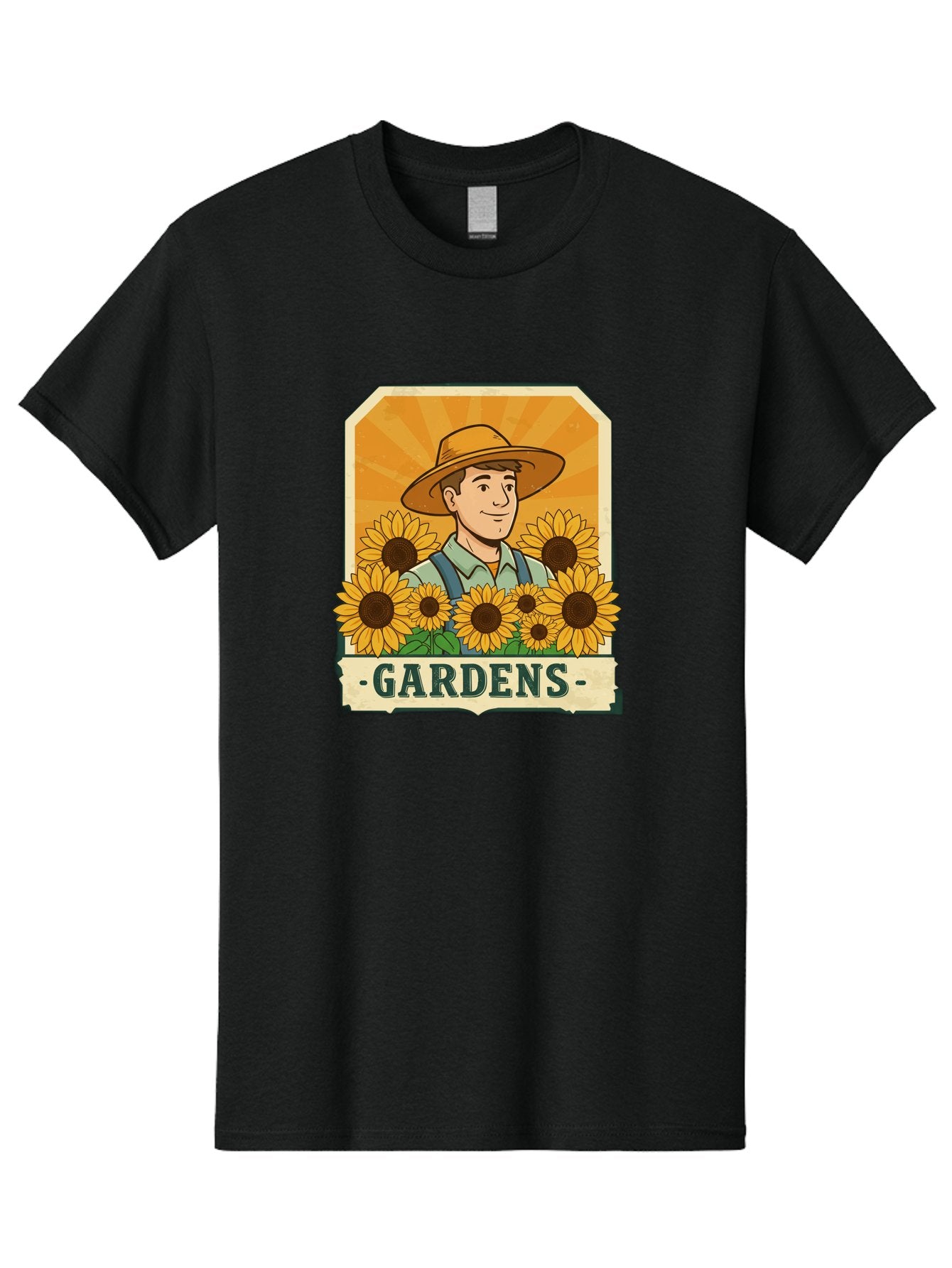 Gardens Men'S Graphic Tee, 100% Cotton, Comfortable Casual Summer Wear, Machine Washable, Gardener With Sunflowers, Floral Arrangement, Garden Scene, Sun Hat, Overalls, Smiling Gardener, Gardening, Sunny Day, Yellow Flowers Baa730 10