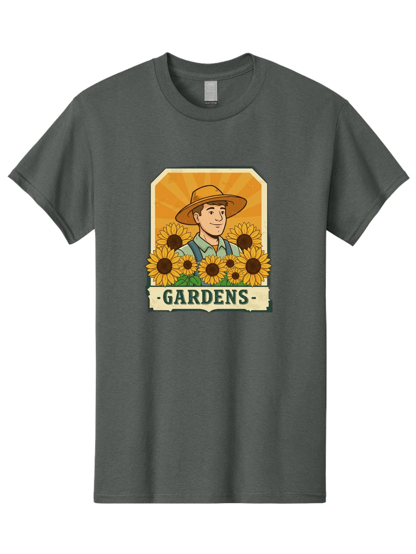 Gardens Men'S Graphic Tee, 100% Cotton, Comfortable Casual Summer Wear, Machine Washable, Gardener With Sunflowers, Floral Arrangement, Garden Scene, Sun Hat, Overalls, Smiling Gardener, Gardening, Sunny Day, Yellow Flowers Baa730 5