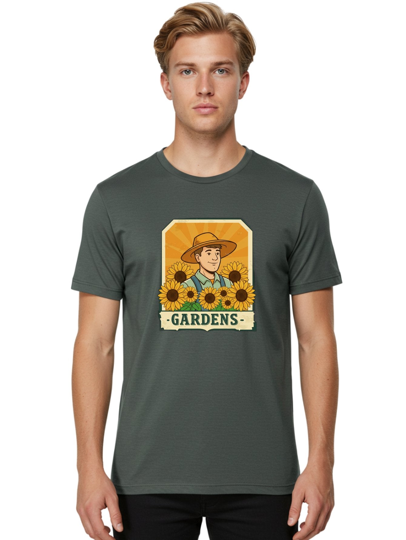 Gardens Men'S Graphic Tee, 100% Cotton, Comfortable Casual Summer Wear, Machine Washable, Gardener With Sunflowers, Floral Arrangement, Garden Scene, Sun Hat, Overalls, Smiling Gardener, Gardening, Sunny Day, Yellow Flowers Baa730 23