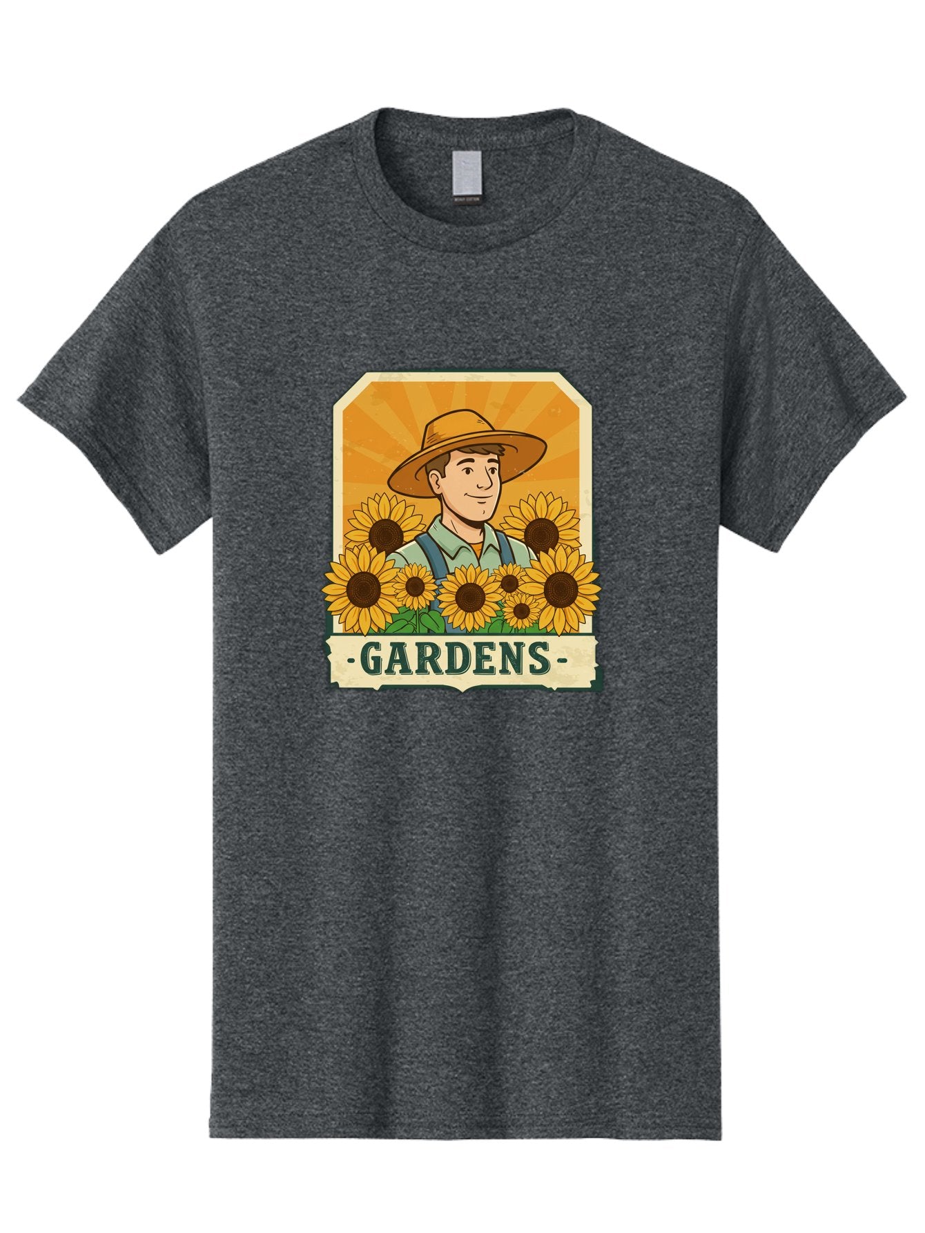Gardens Men'S Graphic Tee, 100% Cotton, Comfortable Casual Summer Wear, Machine Washable, Gardener With Sunflowers, Floral Arrangement, Garden Scene, Sun Hat, Overalls, Smiling Gardener, Gardening, Sunny Day, Yellow Flowers Baa730 11