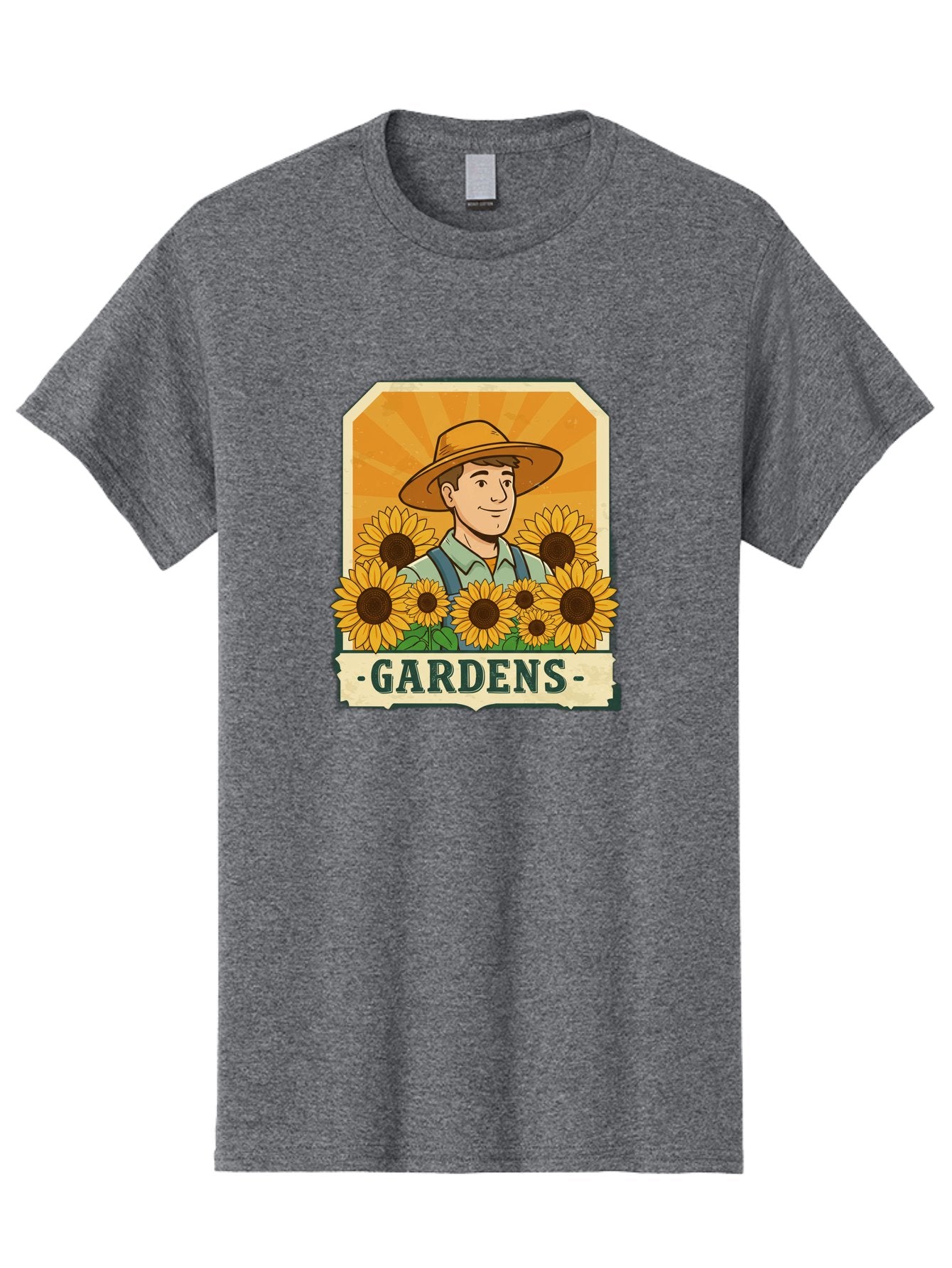 Gardens Men'S Graphic Tee, 100% Cotton, Comfortable Casual Summer Wear, Machine Washable, Gardener With Sunflowers, Floral Arrangement, Garden Scene, Sun Hat, Overalls, Smiling Gardener, Gardening, Sunny Day, Yellow Flowers Baa730