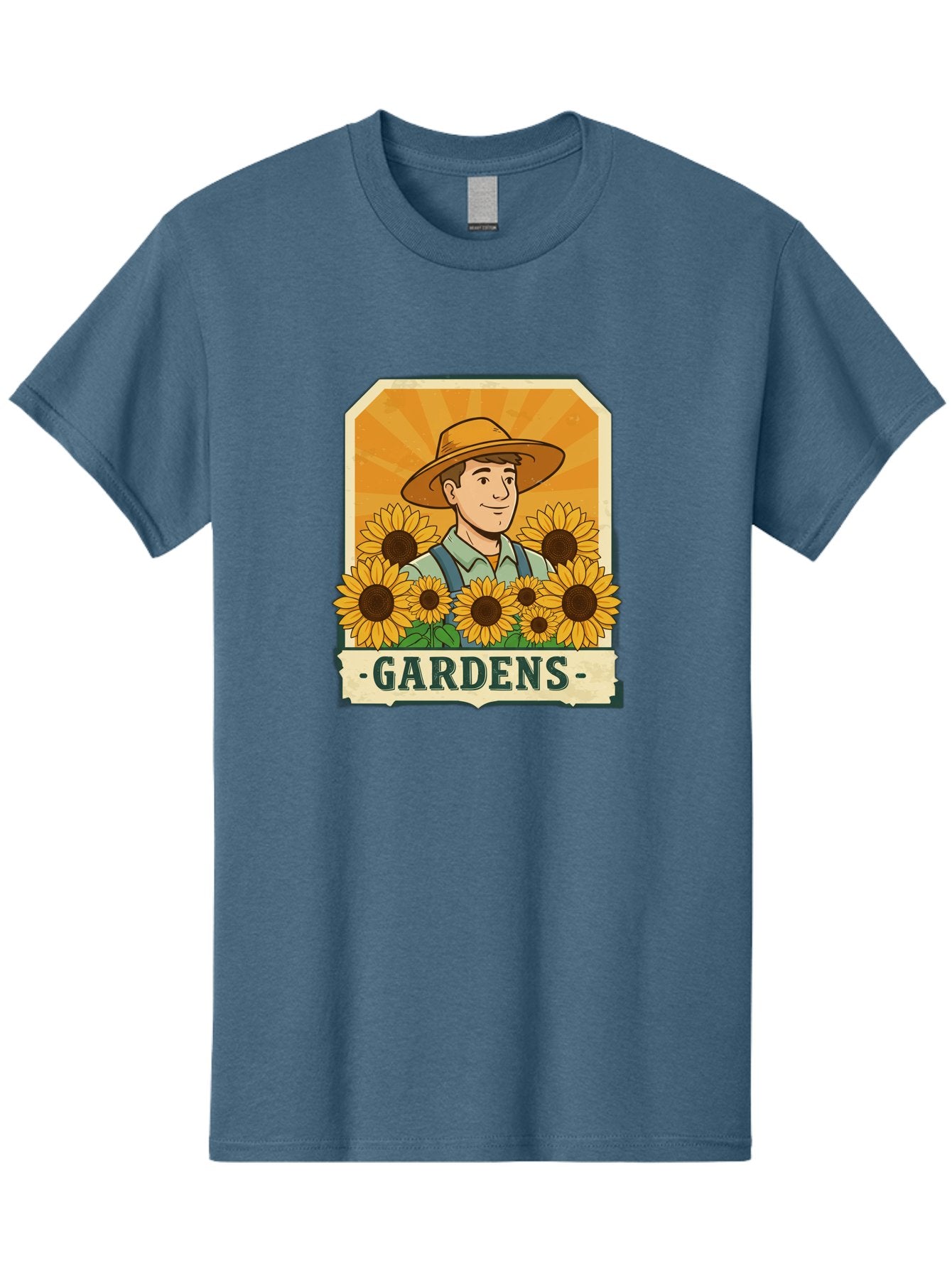 Gardens Men'S Graphic Tee, 100% Cotton, Comfortable Casual Summer Wear, Machine Washable, Gardener With Sunflowers, Floral Arrangement, Garden Scene, Sun Hat, Overalls, Smiling Gardener, Gardening, Sunny Day, Yellow Flowers Baa730
