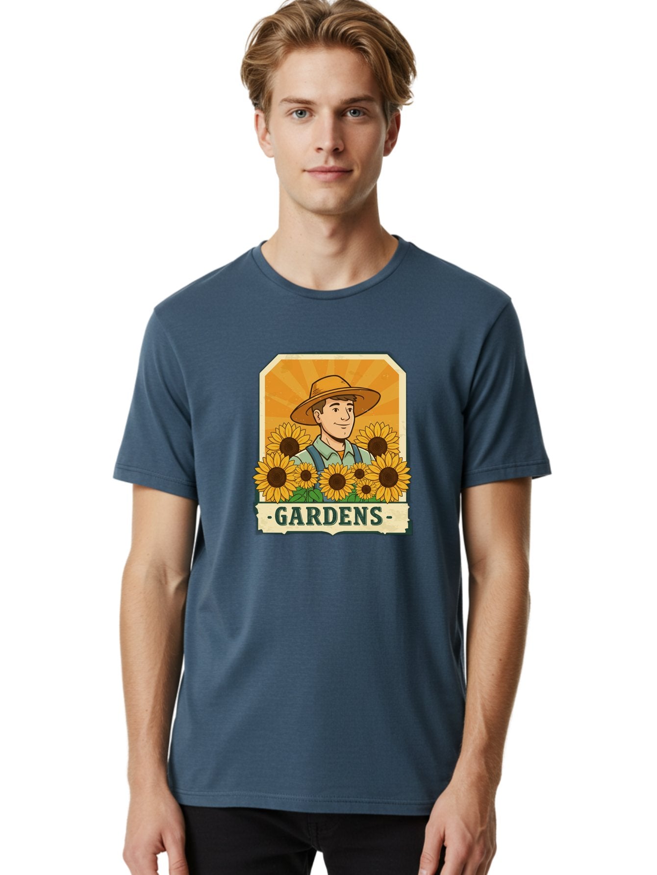Gardens Men'S Graphic Tee, 100% Cotton, Comfortable Casual Summer Wear, Machine Washable, Gardener With Sunflowers, Floral Arrangement, Garden Scene, Sun Hat, Overalls, Smiling Gardener, Gardening, Sunny Day, Yellow Flowers Baa730 19