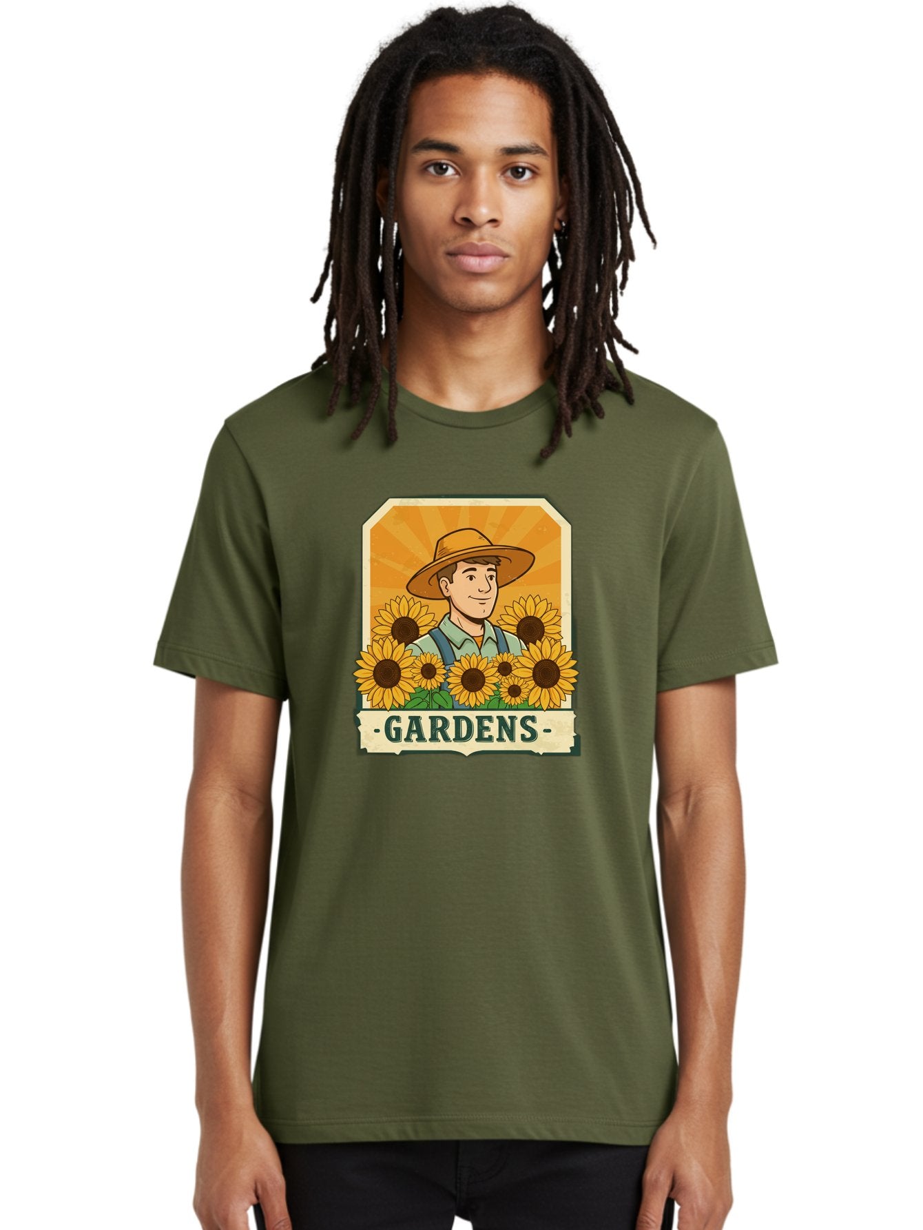 Gardens Men'S Graphic Tee, 100% Cotton, Comfortable Casual Summer Wear, Machine Washable, Gardener With Sunflowers, Floral Arrangement, Garden Scene, Sun Hat, Overalls, Smiling Gardener, Gardening, Sunny Day, Yellow Flowers Baa730 18