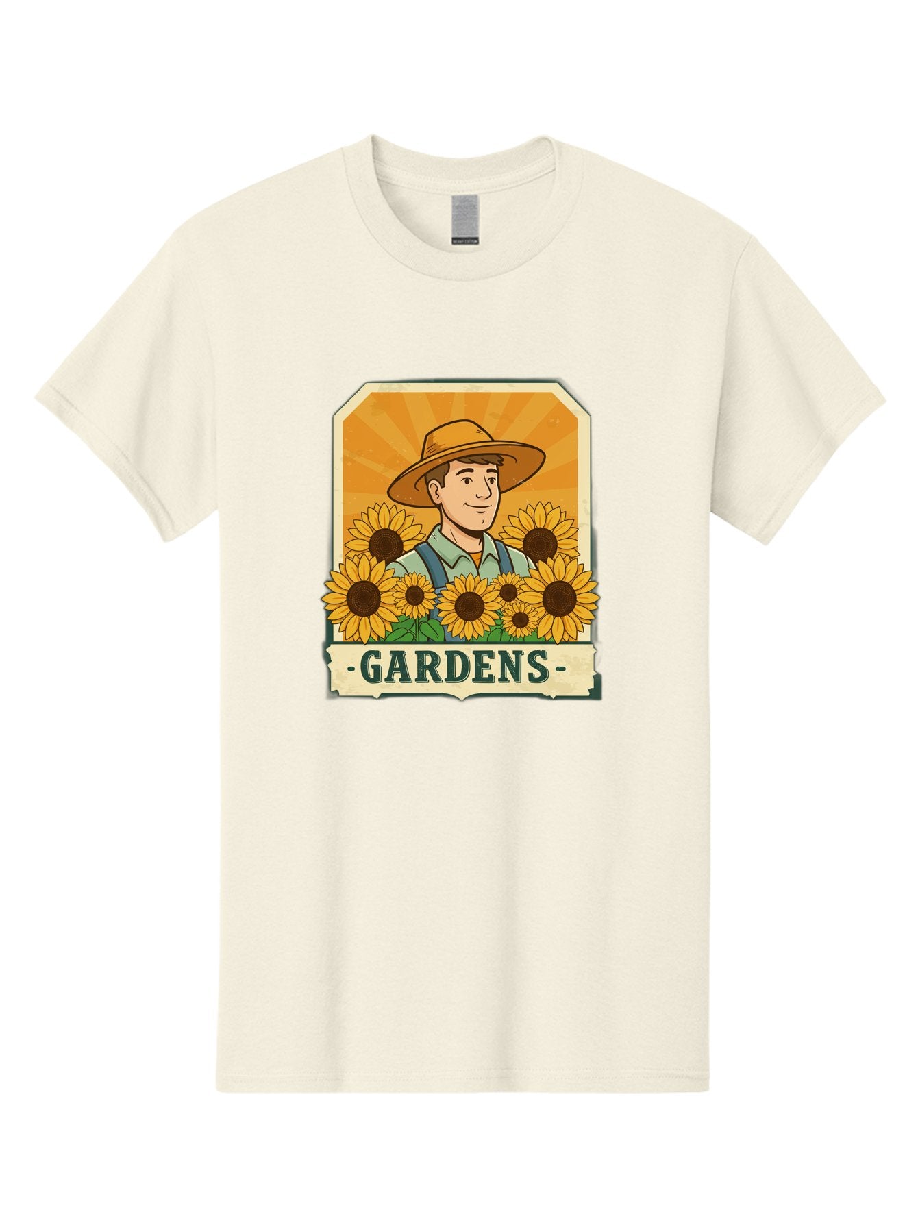 Gardens Men'S Graphic Tee, 100% Cotton, Comfortable Casual Summer Wear, Machine Washable, Gardener With Sunflowers, Floral Arrangement, Garden Scene, Sun Hat, Overalls, Smiling Gardener, Gardening, Sunny Day, Yellow Flowers Baa730 12