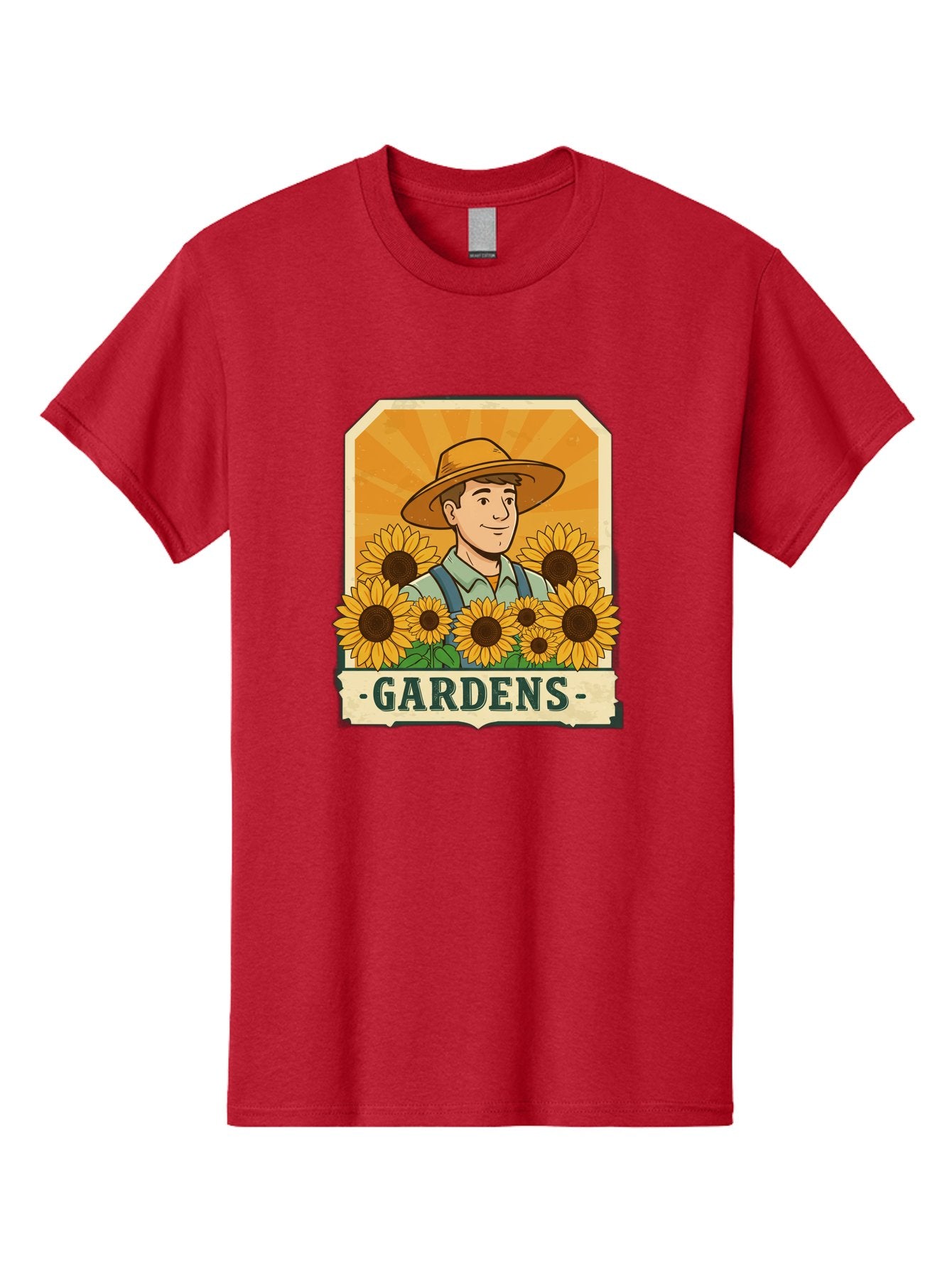 Gardens Men'S Graphic Tee, 100% Cotton, Comfortable Casual Summer Wear, Machine Washable, Gardener With Sunflowers, Floral Arrangement, Garden Scene, Sun Hat, Overalls, Smiling Gardener, Gardening, Sunny Day, Yellow Flowers Baa730 3