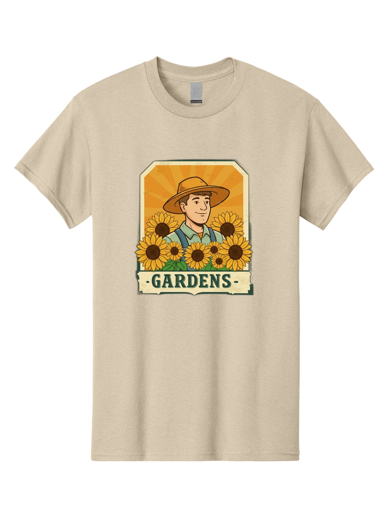 Gardens Men'S Graphic Tee, 100% Cotton, Comfortable Casual Summer Wear, Machine Washable, Gardener With Sunflowers, Floral Arrangement, Garden Scene, Sun Hat, Overalls, Smiling Gardener, Gardening, Sunny Day, Yellow Flowers Baa730 9