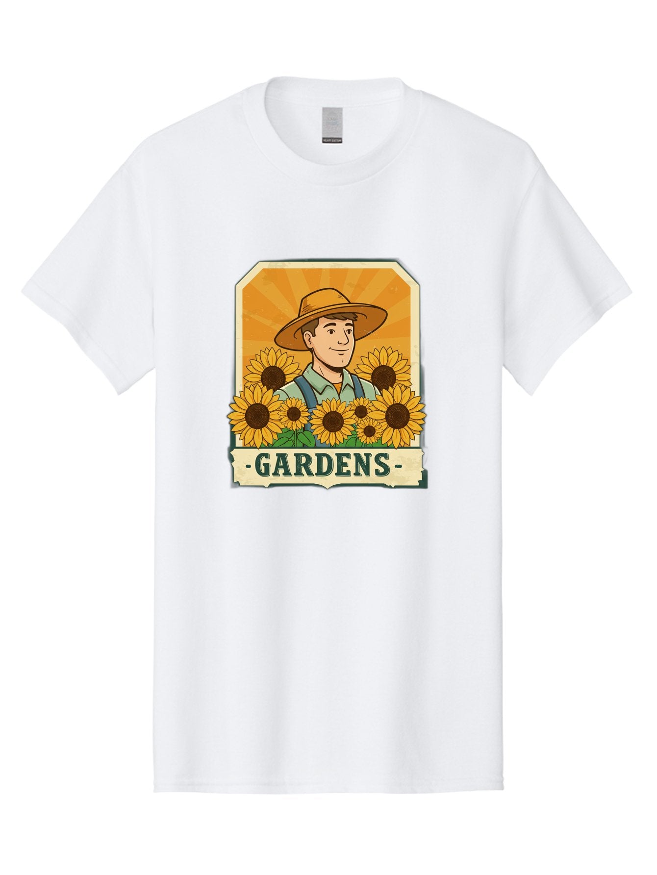 Gardens Men'S Graphic Tee, 100% Cotton, Comfortable Casual Summer Wear, Machine Washable, Gardener With Sunflowers, Floral Arrangement, Garden Scene, Sun Hat, Overalls, Smiling Gardener, Gardening, Sunny Day, Yellow Flowers Baa730 7