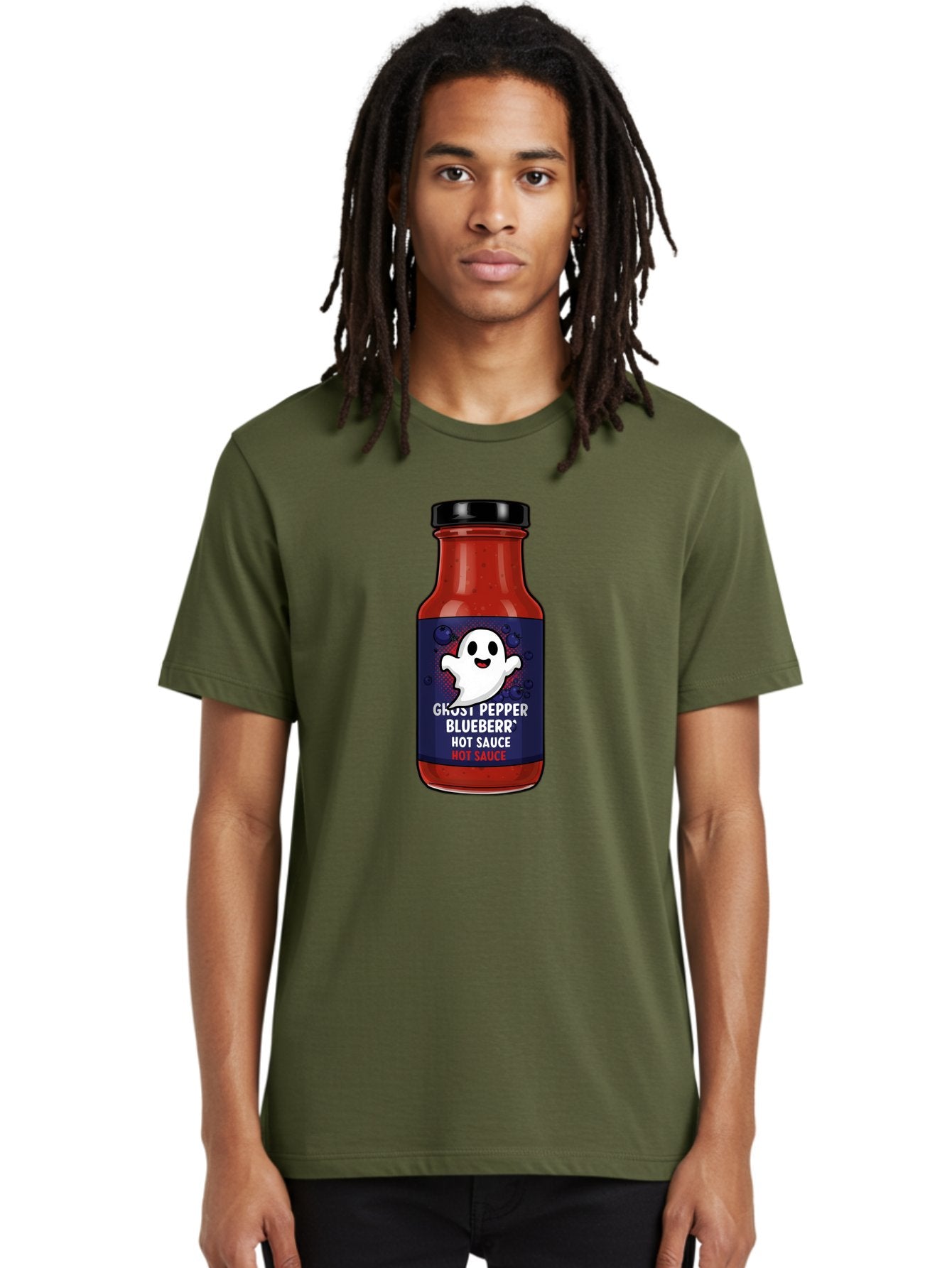 Ghost-Pepper-Blueburr-Hot-Sauce Men'S Graphic Tee, 100% Cotton, Comfortable Casual Summer Wear, Machine Washable, Hot Sauce, Spicy Condiment, Ghost Pepper, Blueberry Flavor, Condiment Bottle, Sauce Label, Spicy Food, Flavorful Sauce, Baa734 17