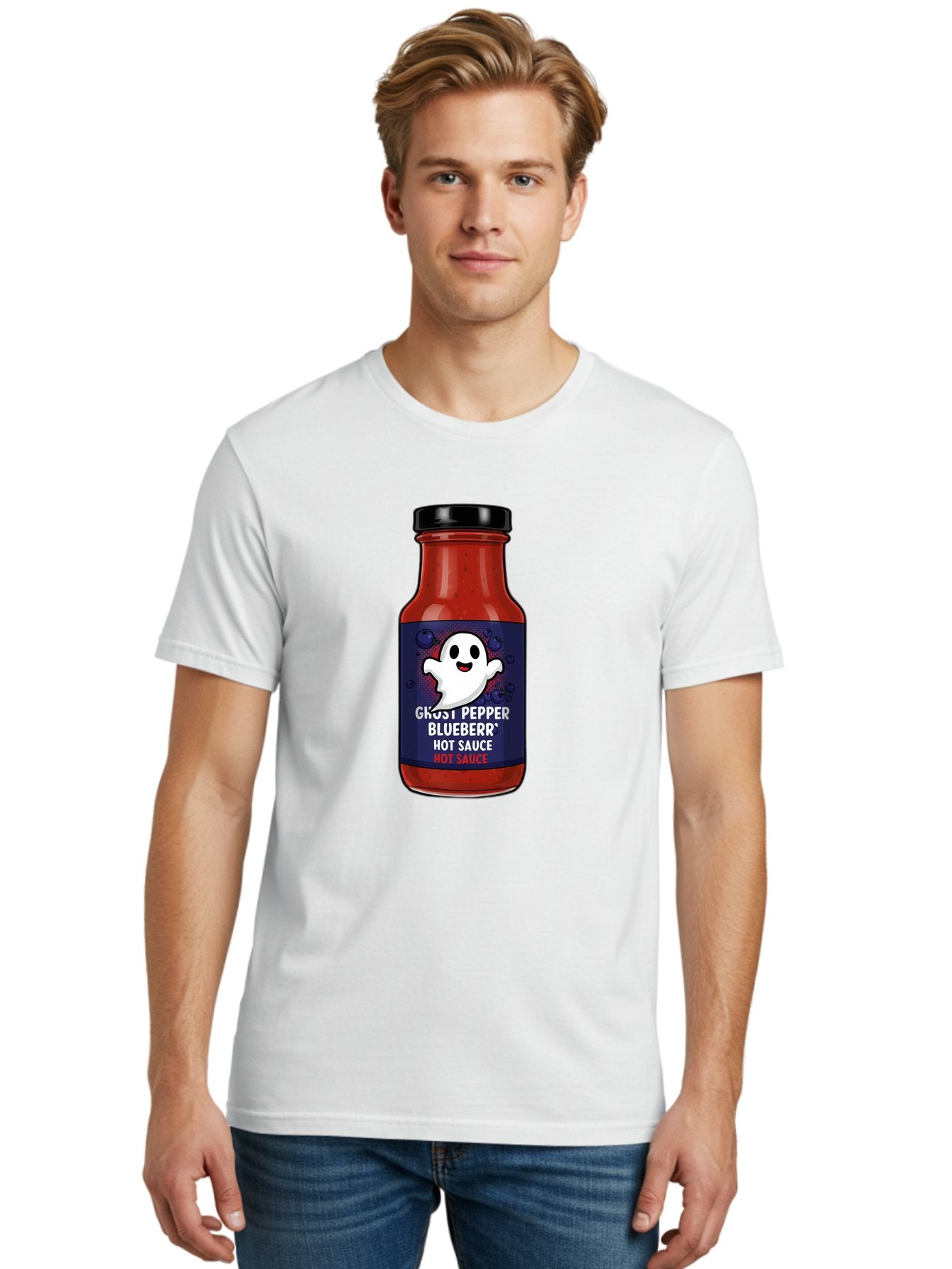 Ghost-Pepper-Blueburr-Hot-Sauce Men'S Graphic Tee, 100% Cotton, Comfortable Casual Summer Wear, Machine Washable, Hot Sauce, Spicy Condiment, Ghost Pepper, Blueberry Flavor, Condiment Bottle, Sauce Label, Spicy Food, Flavorful Sauce, Baa734 16