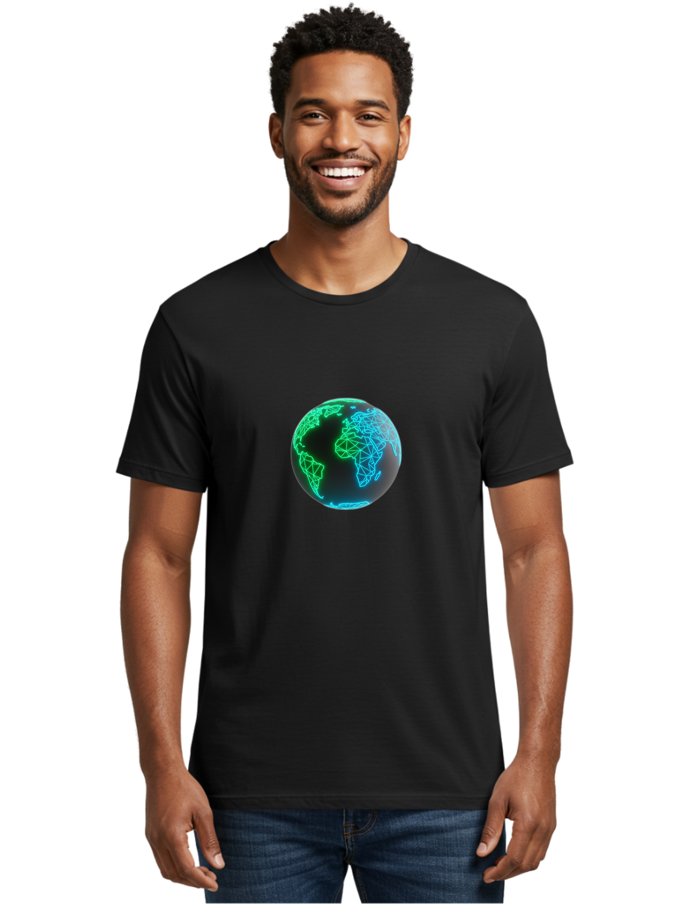 Globe-10 Men'S Graphic Tee, 100% Cotton, Comfortable Casual Summer Wear, Machine Washable, Globe, World Map, Digital Art, Neon Lights, Blue And Green Hues, Futuristic Design, Network Connections, Global Unity, 3D Rendering Baa739 26