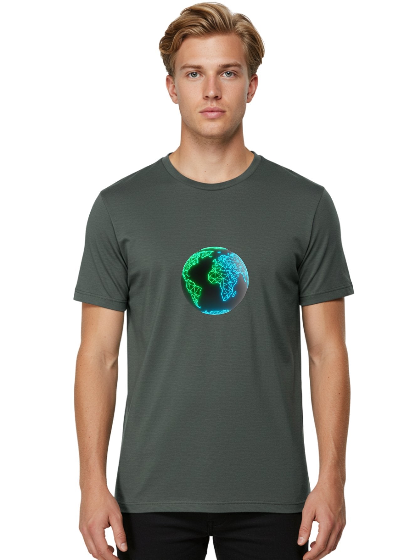 Globe-10 Men'S Graphic Tee, 100% Cotton, Comfortable Casual Summer Wear, Machine Washable, Globe, World Map, Digital Art, Neon Lights, Blue And Green Hues, Futuristic Design, Network Connections, Global Unity, 3D Rendering Baa739 25