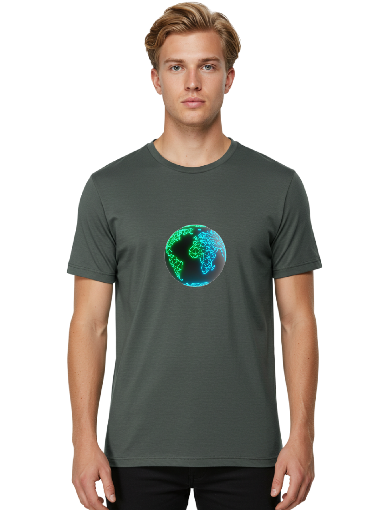 Globe-10 Men'S Graphic Tee, 100% Cotton, Comfortable Casual Summer Wear, Machine Washable, Globe, World Map, Digital Art, Neon Lights, Blue And Green Hues, Futuristic Design, Network Connections, Global Unity, 3D Rendering Baa739 12