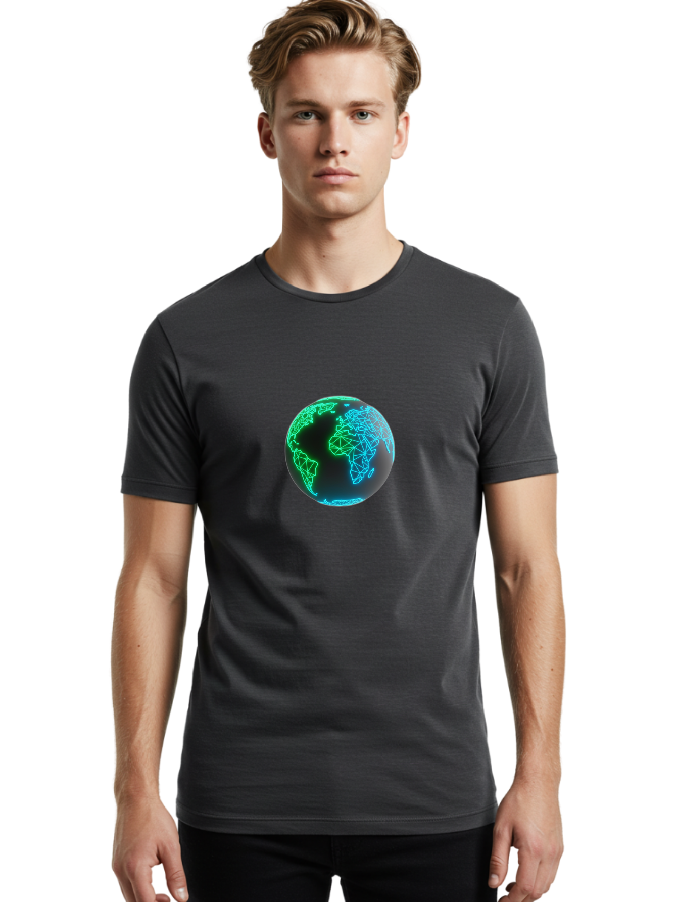 Globe-10 Men'S Graphic Tee, 100% Cotton, Comfortable Casual Summer Wear, Machine Washable, Globe, World Map, Digital Art, Neon Lights, Blue And Green Hues, Futuristic Design, Network Connections, Global Unity, 3D Rendering Baa739 24
