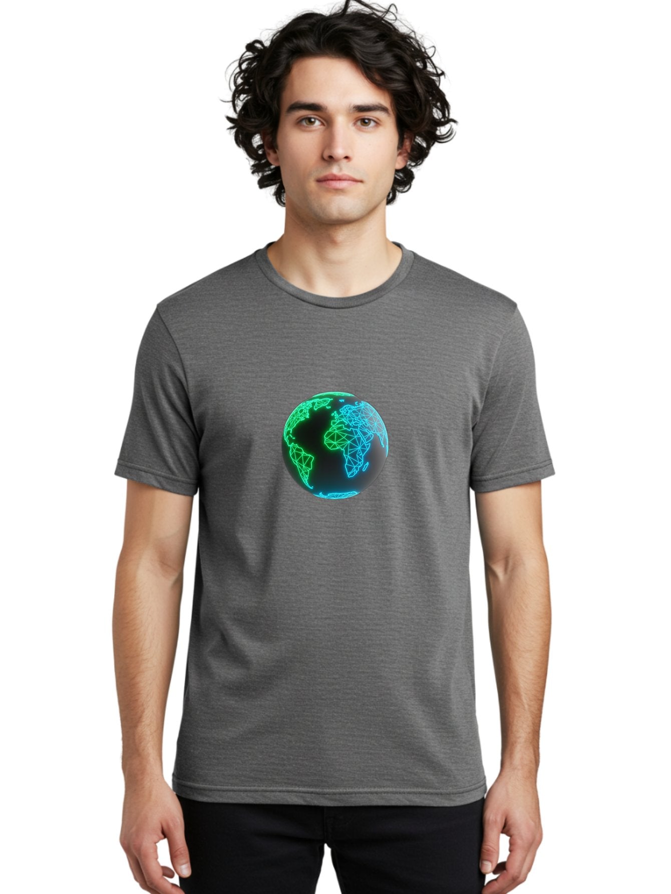 Globe-10 Men'S Graphic Tee, 100% Cotton, Comfortable Casual Summer Wear, Machine Washable, Globe, World Map, Digital Art, Neon Lights, Blue And Green Hues, Futuristic Design, Network Connections, Global Unity, 3D Rendering Baa739 22