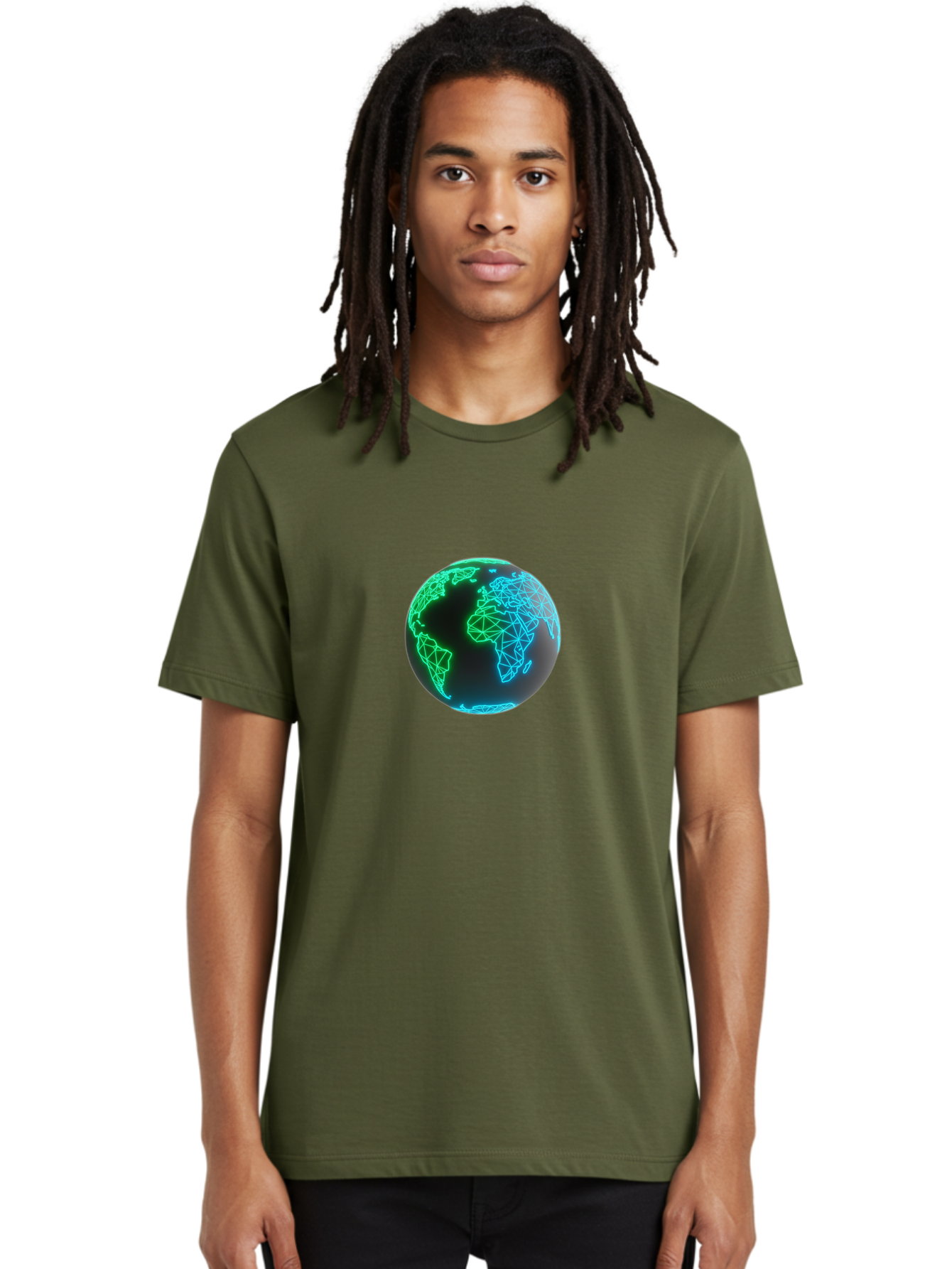 Globe-10 Men'S Graphic Tee, 100% Cotton, Comfortable Casual Summer Wear, Machine Washable, Globe, World Map, Digital Art, Neon Lights, Blue And Green Hues, Futuristic Design, Network Connections, Global Unity, 3D Rendering Baa739