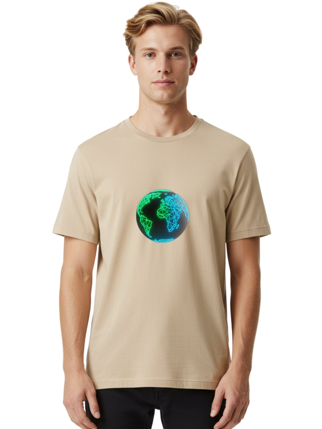 Globe-10 Men'S Graphic Tee, 100% Cotton, Comfortable Casual Summer Wear, Machine Washable, Globe, World Map, Digital Art, Neon Lights, Blue And Green Hues, Futuristic Design, Network Connections, Global Unity, 3D Rendering Baa739 28