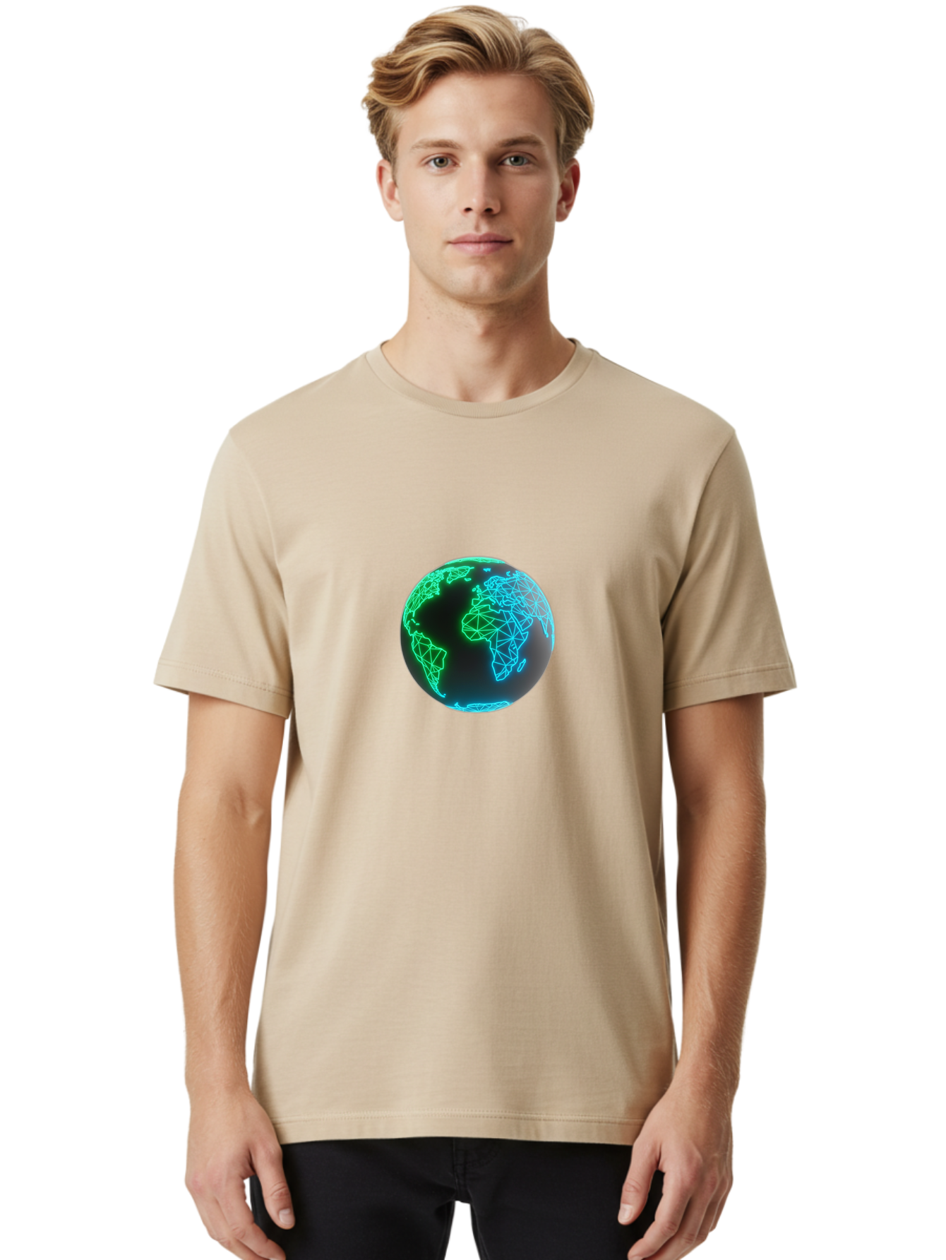 Globe-10 Men'S Graphic Tee, 100% Cotton, Comfortable Casual Summer Wear, Machine Washable, Globe, World Map, Digital Art, Neon Lights, Blue And Green Hues, Futuristic Design, Network Connections, Global Unity, 3D Rendering Baa739 6