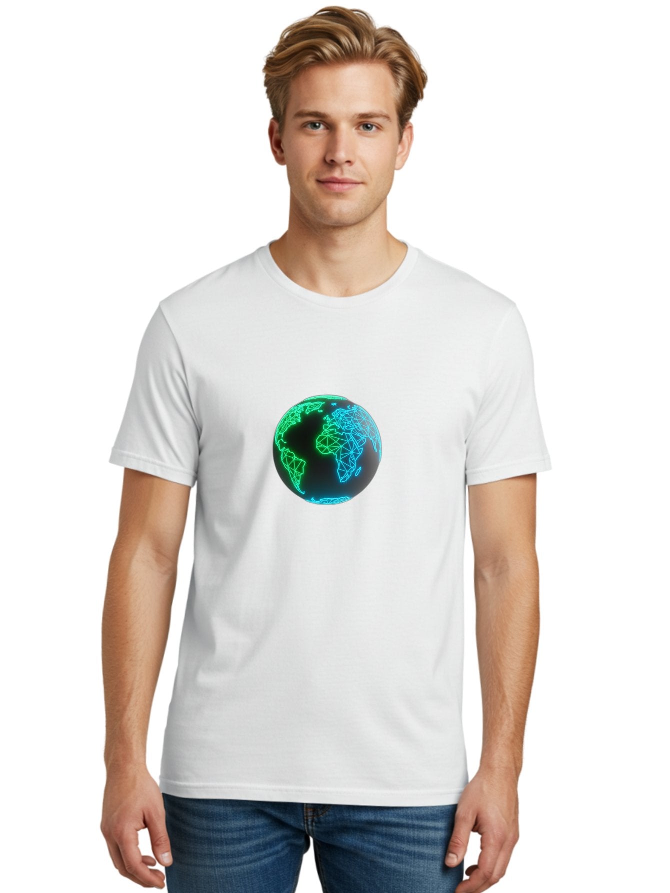 Globe-10 Men'S Graphic Tee, 100% Cotton, Comfortable Casual Summer Wear, Machine Washable, Globe, World Map, Digital Art, Neon Lights, Blue And Green Hues, Futuristic Design, Network Connections, Global Unity, 3D Rendering Baa739 27